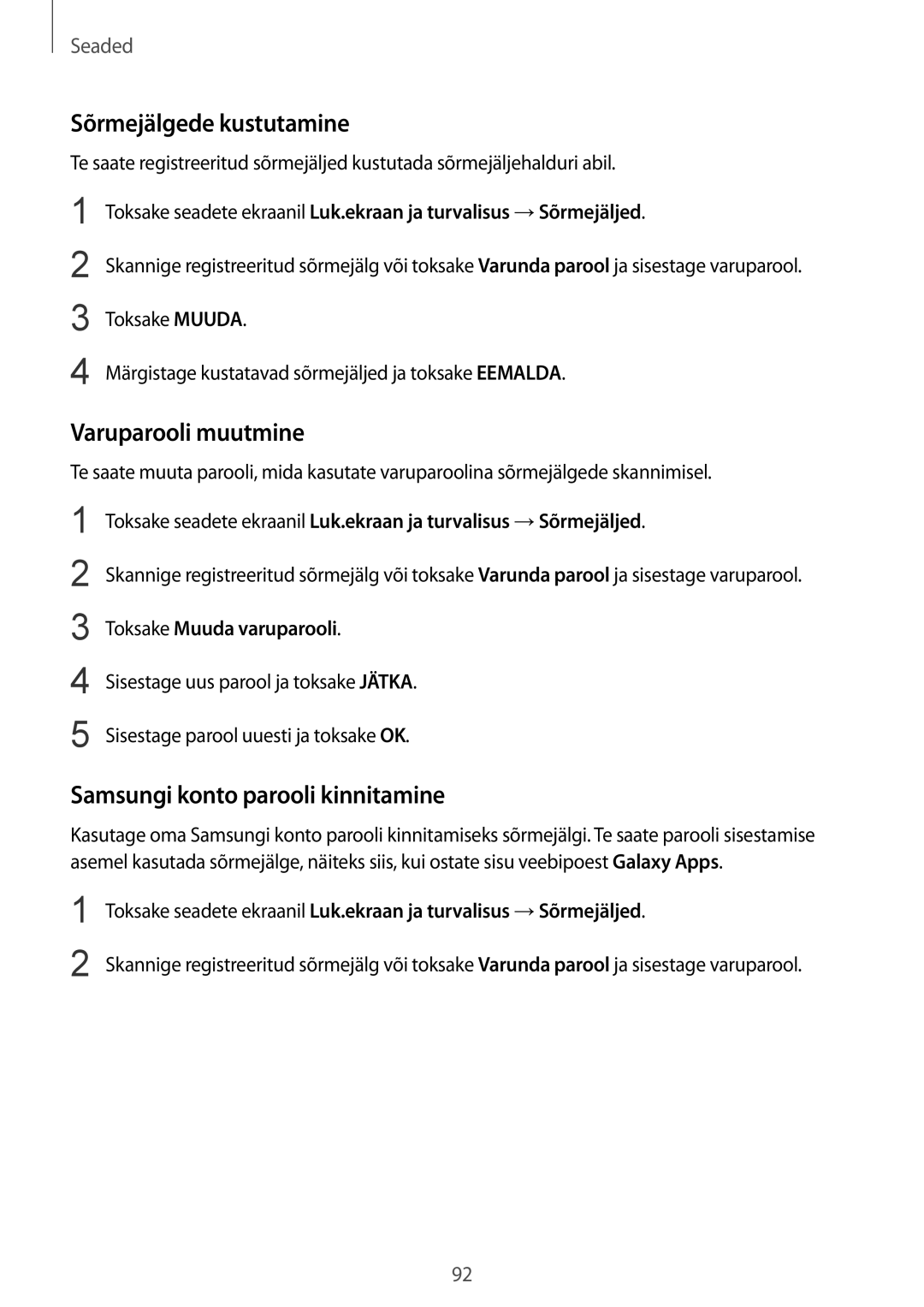 Samsung SM-T815NZWESEB, SM-T815NZDESEB Sõrmejälgede kustutamine, Varuparooli muutmine, Samsungi konto parooli kinnitamine 