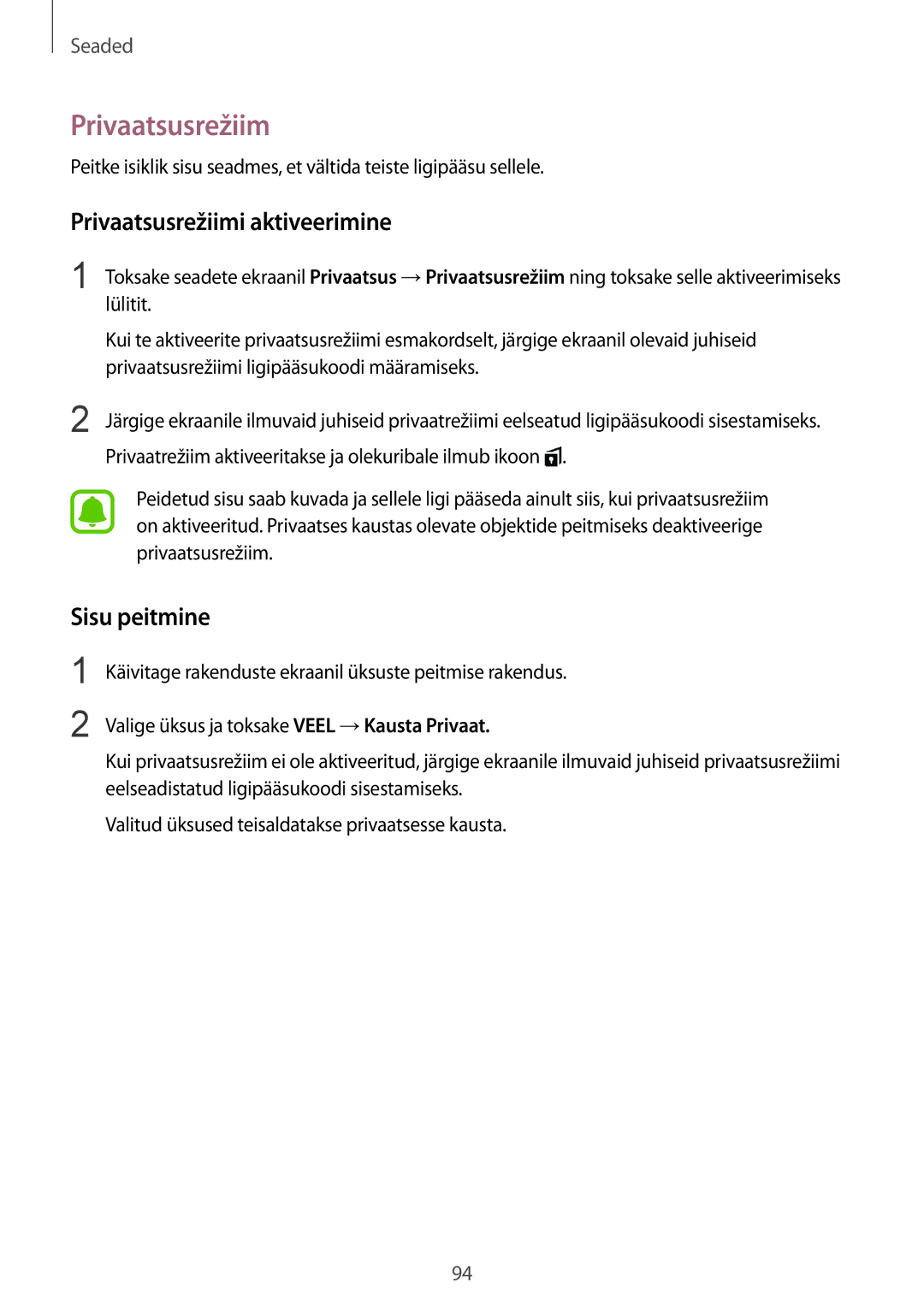 Samsung SM-T815NZKESEB, SM-T815NZDESEB, SM-T815NZWESEB manual Privaatsusrežiimi aktiveerimine, Sisu peitmine 