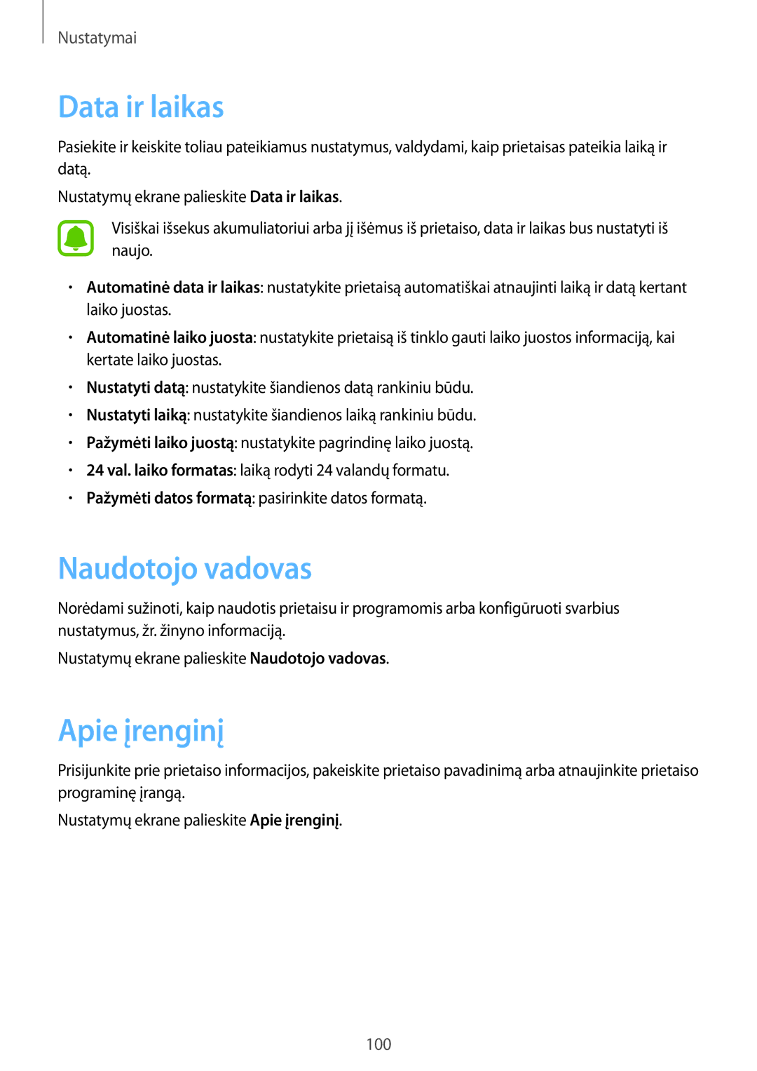 Samsung SM-T815NZKESEB, SM-T815NZDESEB, SM-T815NZWESEB manual Data ir laikas, Naudotojo vadovas, Apie įrenginį 