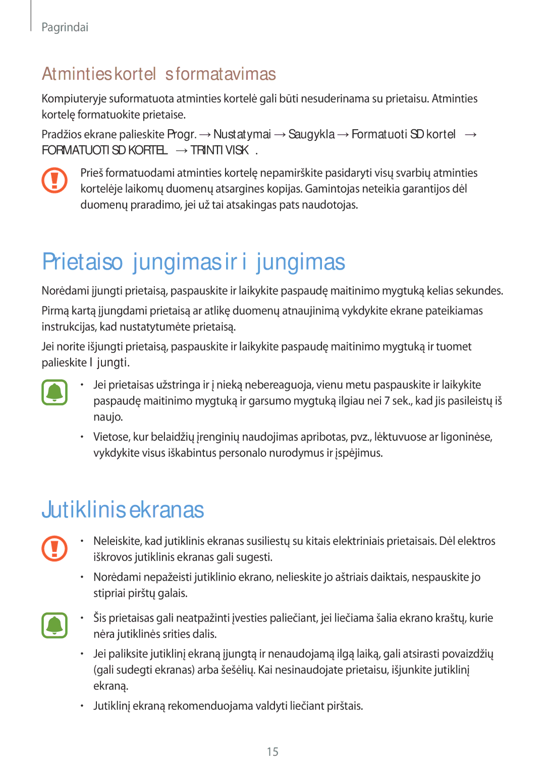 Samsung SM-T815NZDESEB manual Prietaiso įjungimas ir išjungimas, Jutiklinis ekranas, Atminties kortelės formatavimas 