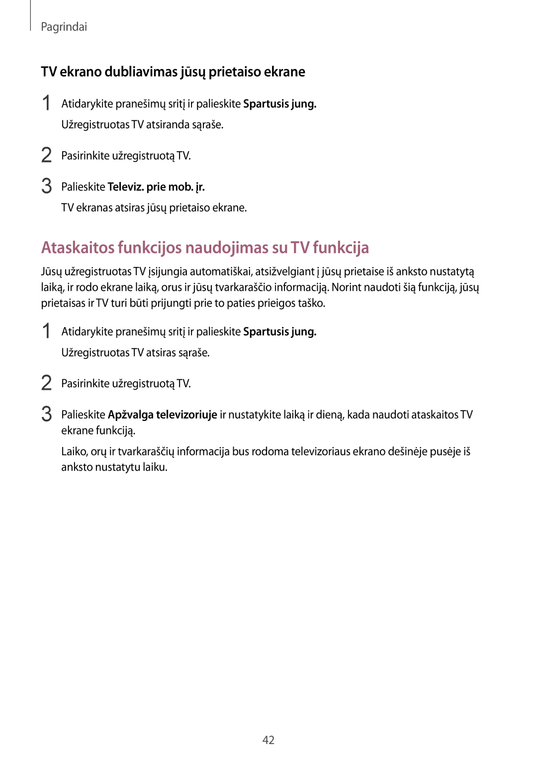 Samsung SM-T815NZDESEB manual Ataskaitos funkcijos naudojimas su TV funkcija, TV ekrano dubliavimas jūsų prietaiso ekrane 