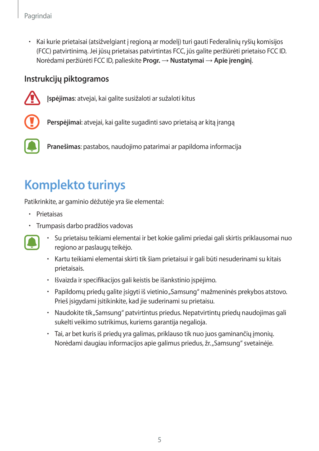 Samsung SM-T815NZWESEB, SM-T815NZDESEB, SM-T815NZKESEB manual Komplekto turinys, Instrukcijų piktogramos 