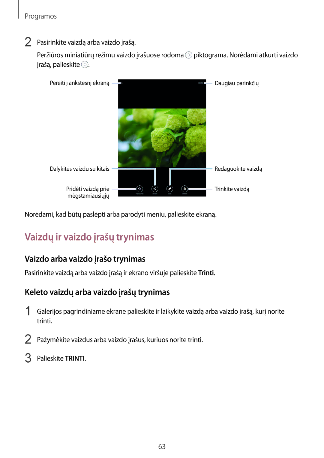 Samsung SM-T815NZDESEB manual Vaizdų ir vaizdo įrašų trynimas, Vaizdo arba vaizdo įrašo trynimas, Palieskite Trinti 