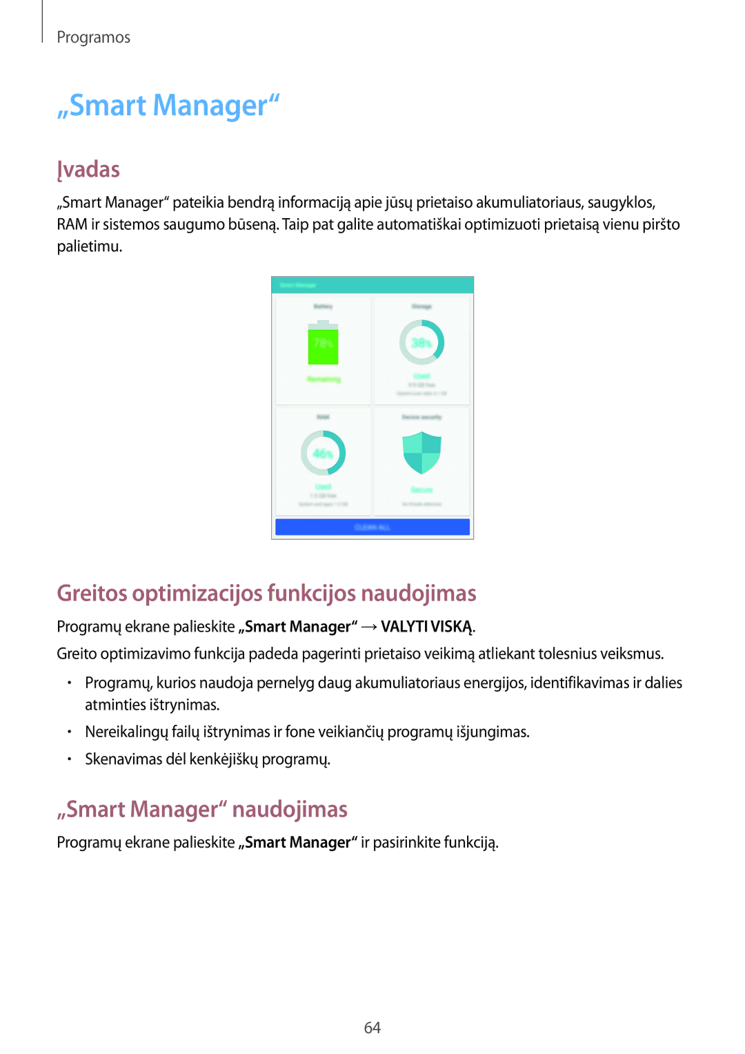 Samsung SM-T815NZKESEB, SM-T815NZDESEB manual Greitos optimizacijos funkcijos naudojimas, „Smart Manager naudojimas 