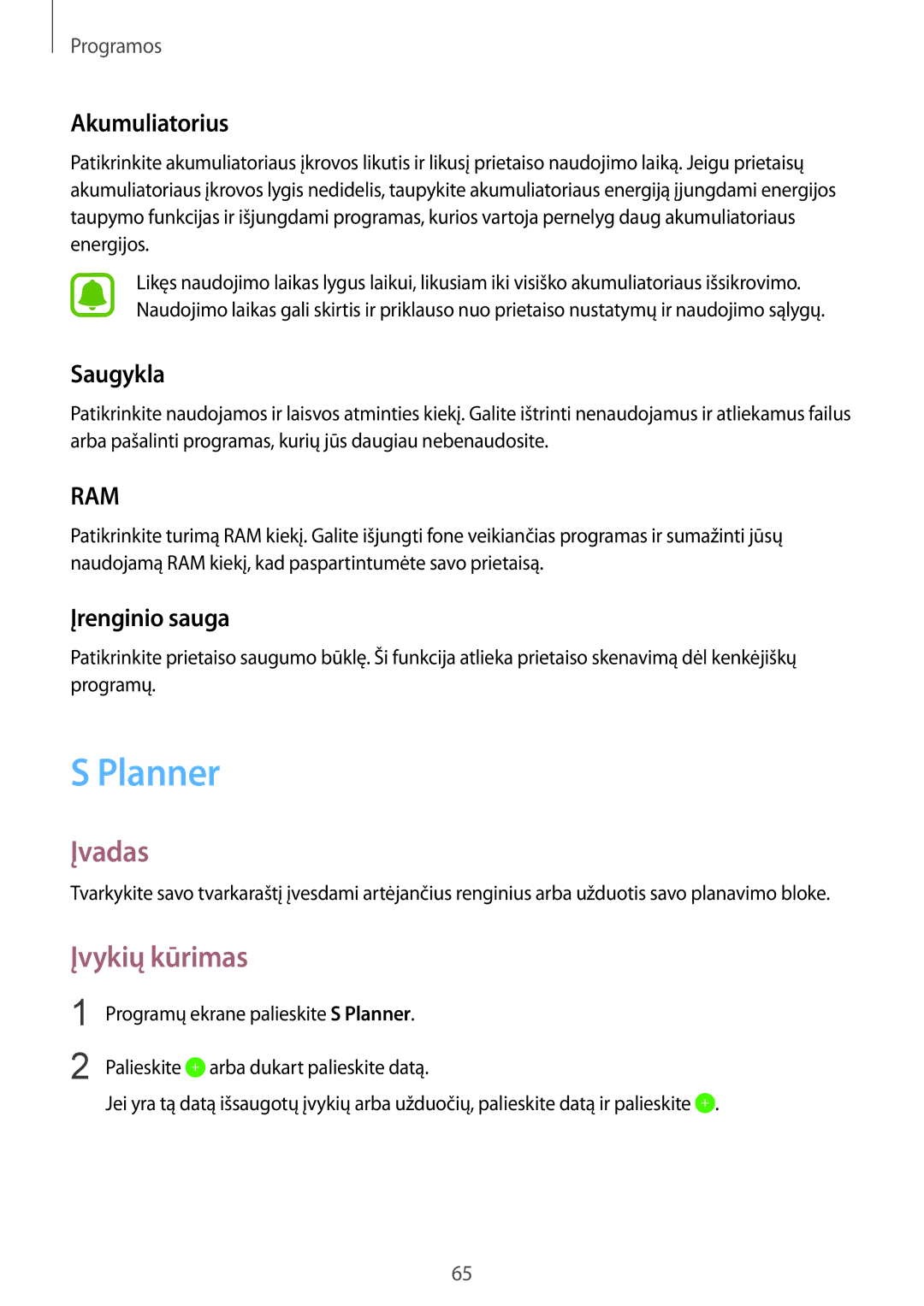 Samsung SM-T815NZWESEB, SM-T815NZDESEB, SM-T815NZKESEB Planner, Įvykių kūrimas, Akumuliatorius, Saugykla, Įrenginio sauga 