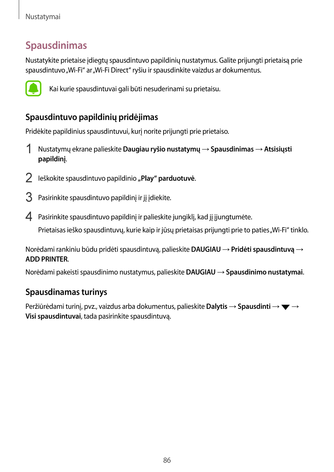 Samsung SM-T815NZWESEB, SM-T815NZDESEB manual Spausdinimas, Spausdintuvo papildinių pridėjimas, Spausdinamas turinys 