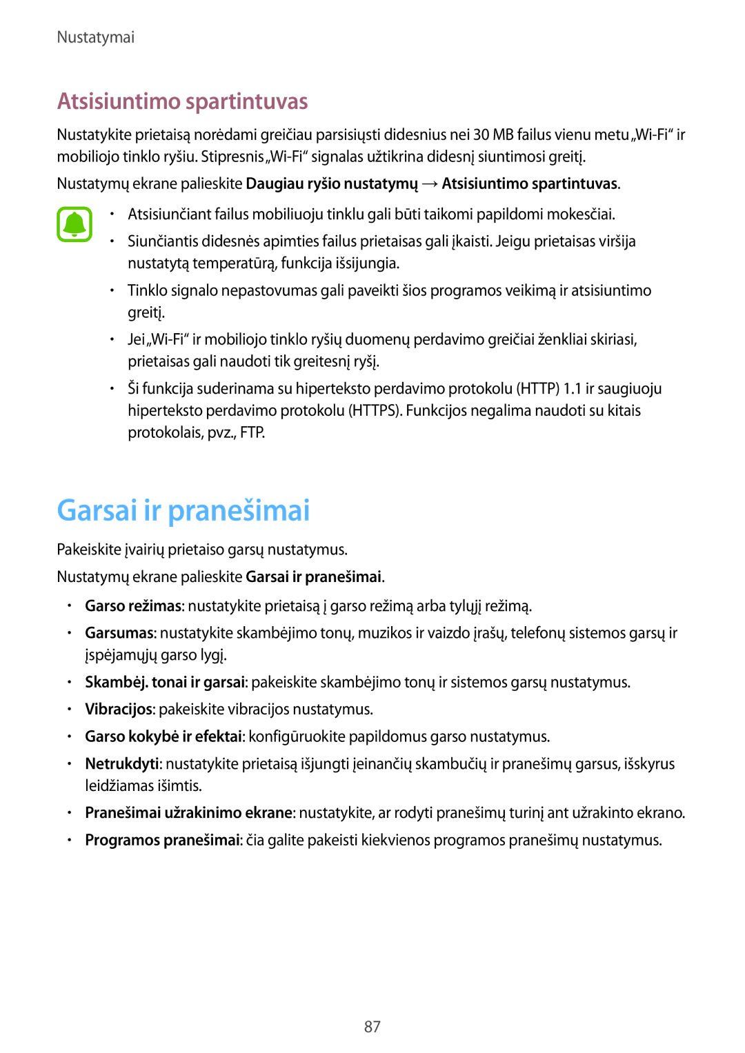 Samsung SM-T815NZDESEB, SM-T815NZKESEB, SM-T815NZWESEB manual Garsai ir pranešimai, Atsisiuntimo spartintuvas 