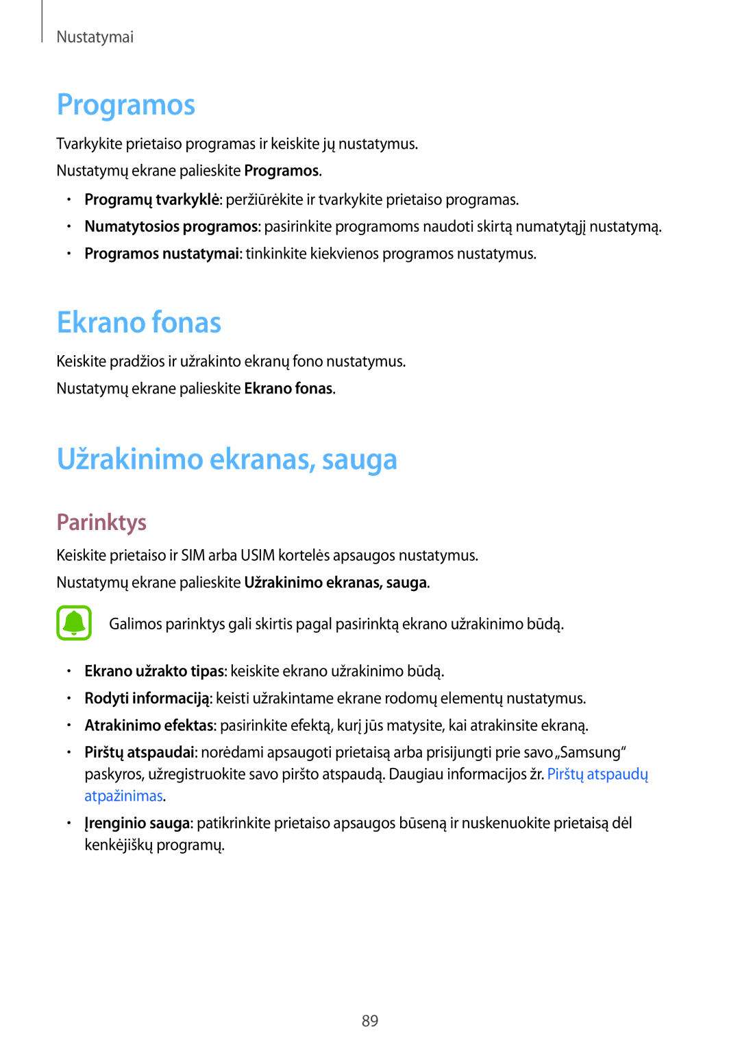 Samsung SM-T815NZWESEB, SM-T815NZDESEB, SM-T815NZKESEB manual Programos, Ekrano fonas, Užrakinimo ekranas, sauga 