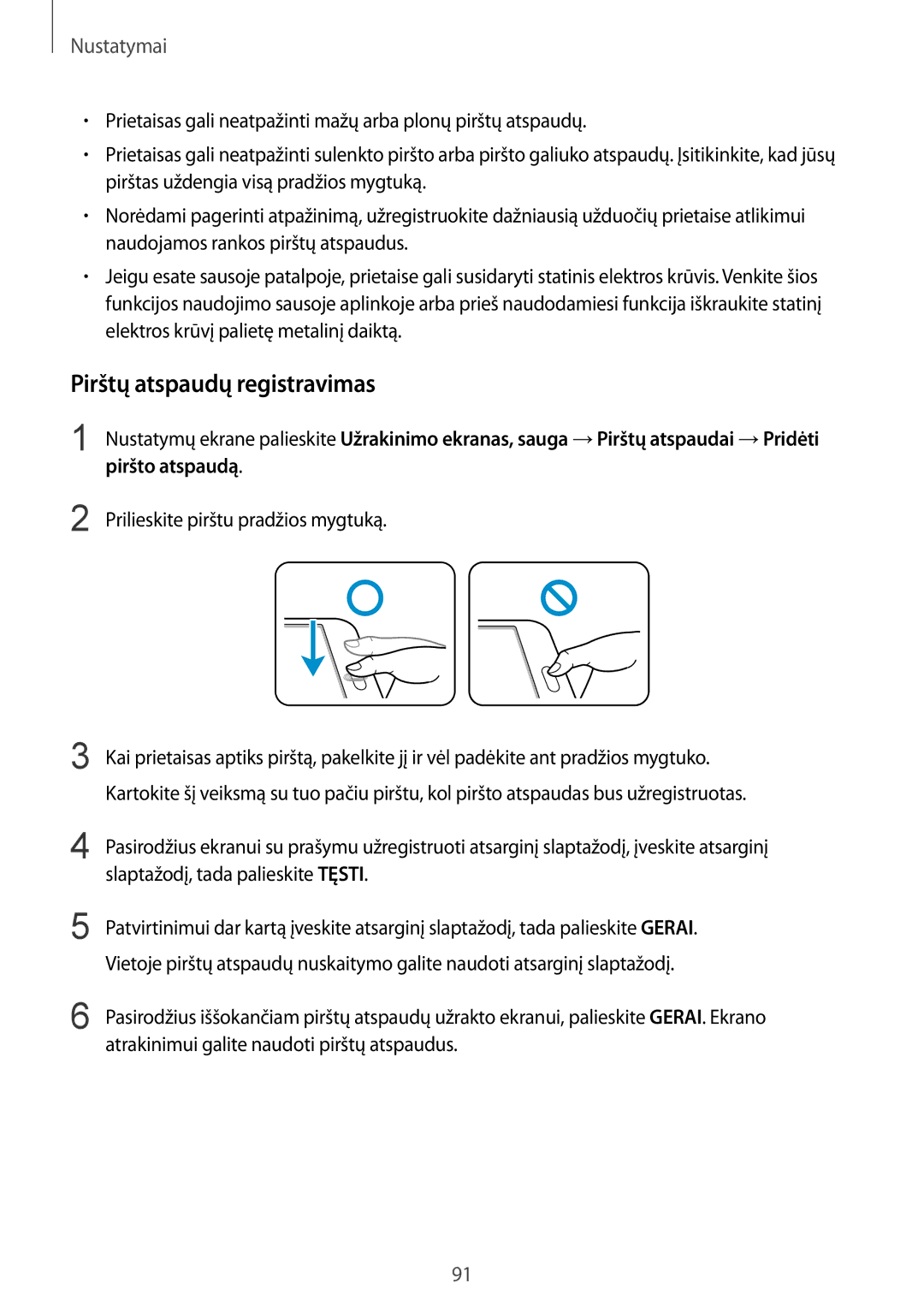 Samsung SM-T815NZKESEB, SM-T815NZDESEB, SM-T815NZWESEB Pirštų atspaudų registravimas, Prilieskite pirštu pradžios mygtuką 