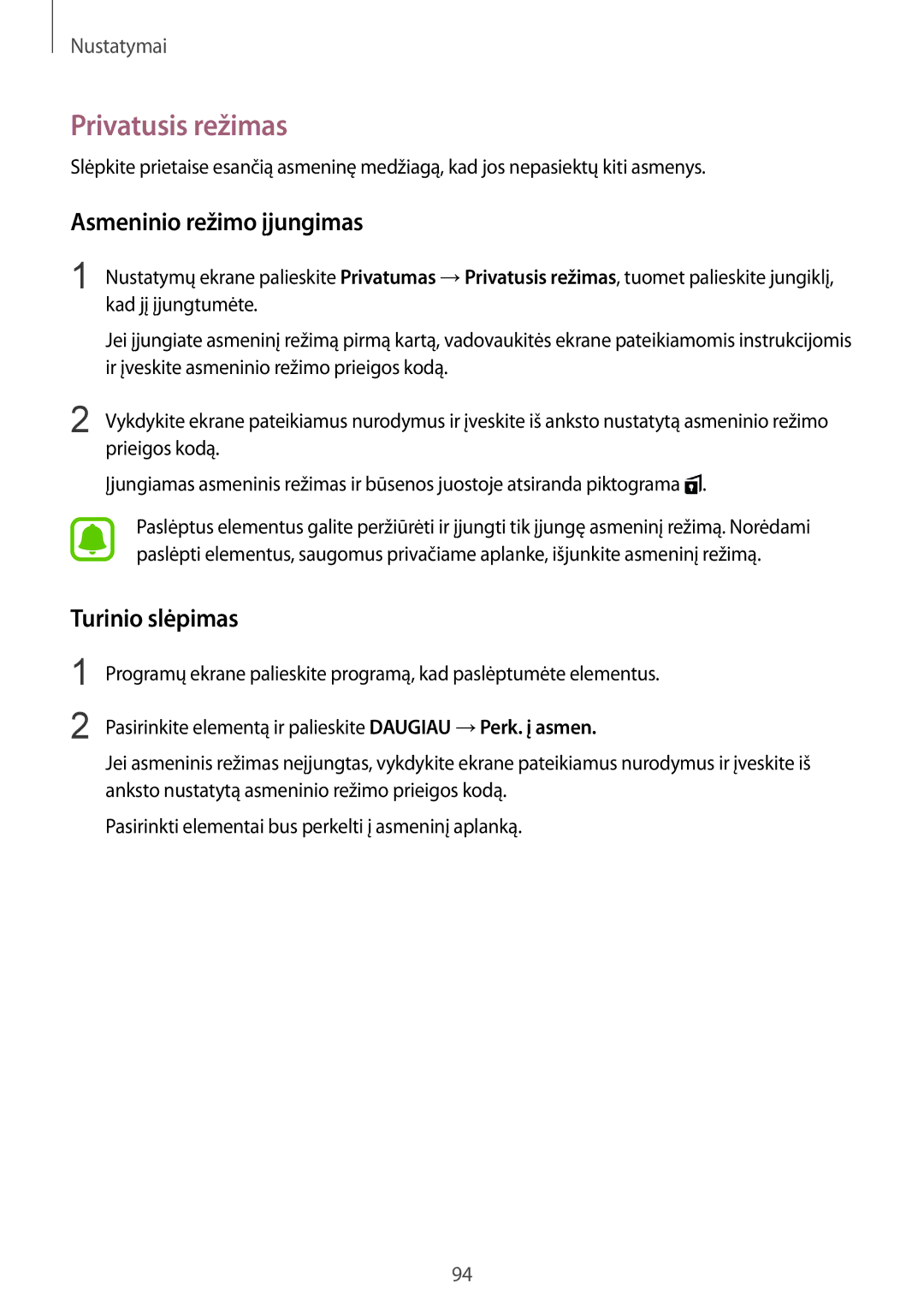 Samsung SM-T815NZKESEB, SM-T815NZDESEB, SM-T815NZWESEB Privatusis režimas, Asmeninio režimo įjungimas, Turinio slėpimas 