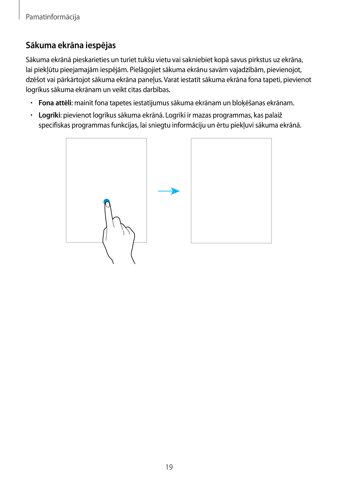 Samsung SM-T815NZKESEB, SM-T815NZDESEB, SM-T815NZWESEB manual Sākuma ekrāna iespējas 