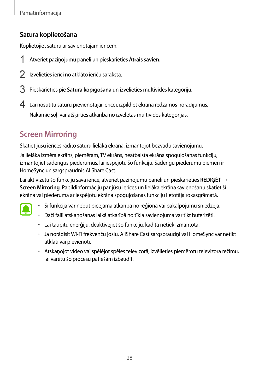 Samsung SM-T815NZKESEB, SM-T815NZDESEB, SM-T815NZWESEB manual Screen Mirroring, Satura koplietošana 