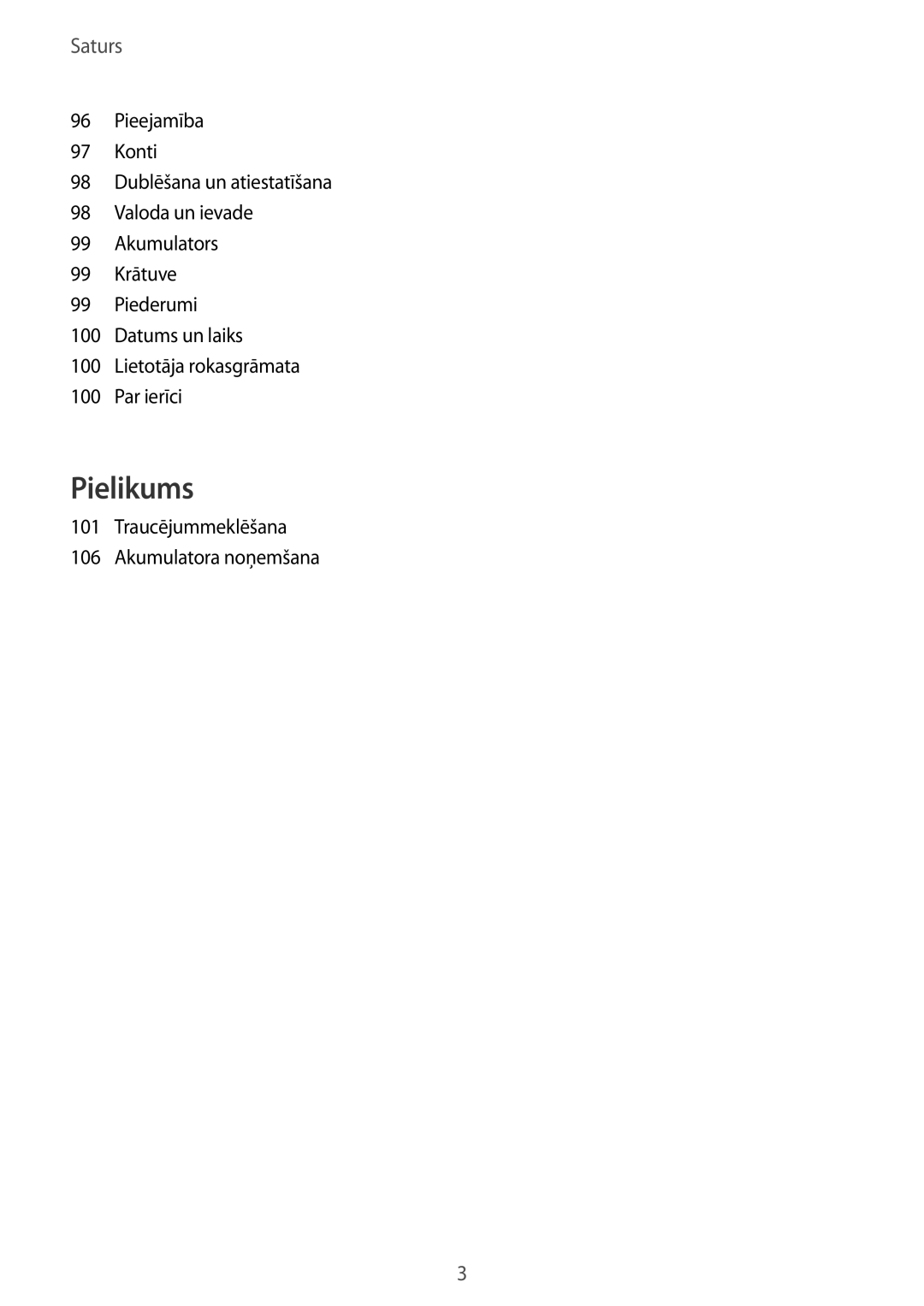 Samsung SM-T815NZDESEB, SM-T815NZKESEB, SM-T815NZWESEB manual Saturs, Traucējummeklēšana Akumulatora noņemšana 