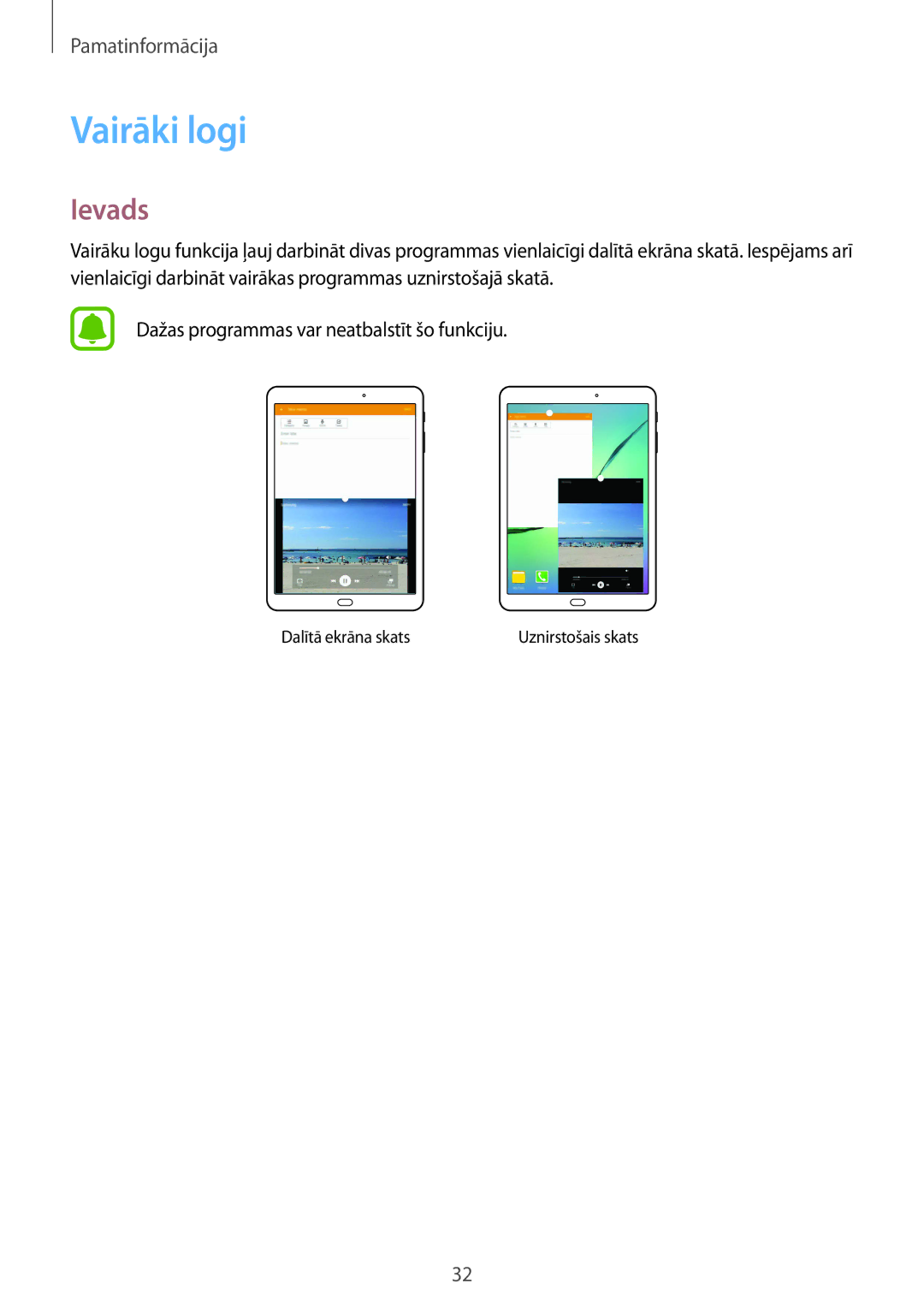 Samsung SM-T815NZWESEB, SM-T815NZDESEB, SM-T815NZKESEB manual Vairāki logi, Ievads 