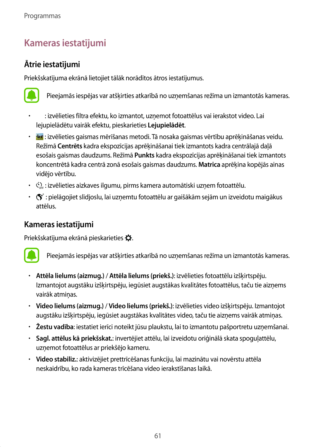 Samsung SM-T815NZKESEB, SM-T815NZDESEB manual Kameras iestatījumi, Ātrie iestatījumi, Priekšskatījuma ekrānā pieskarieties 