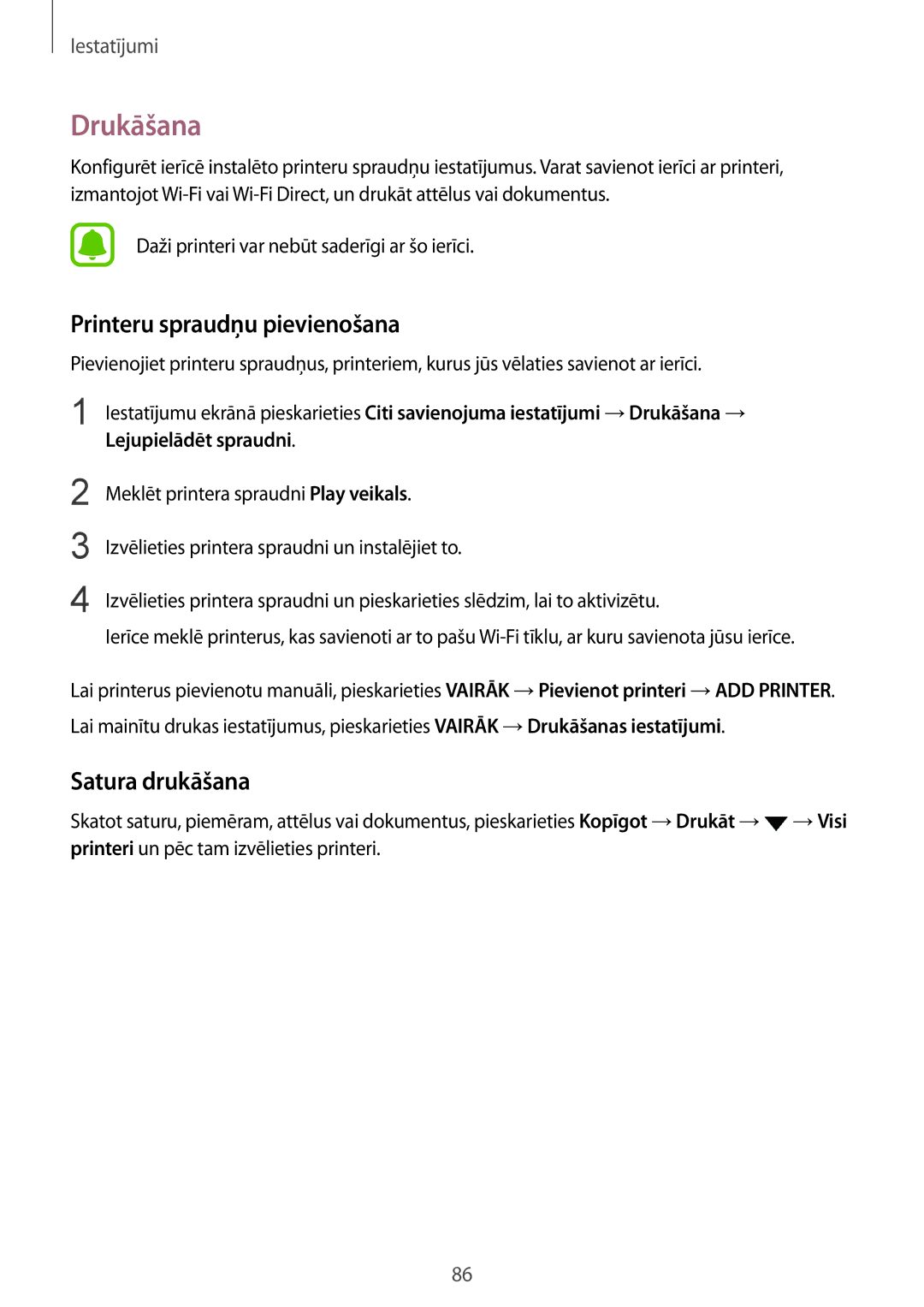 Samsung SM-T815NZWESEB, SM-T815NZDESEB, SM-T815NZKESEB manual Drukāšana, Printeru spraudņu pievienošana, Satura drukāšana 