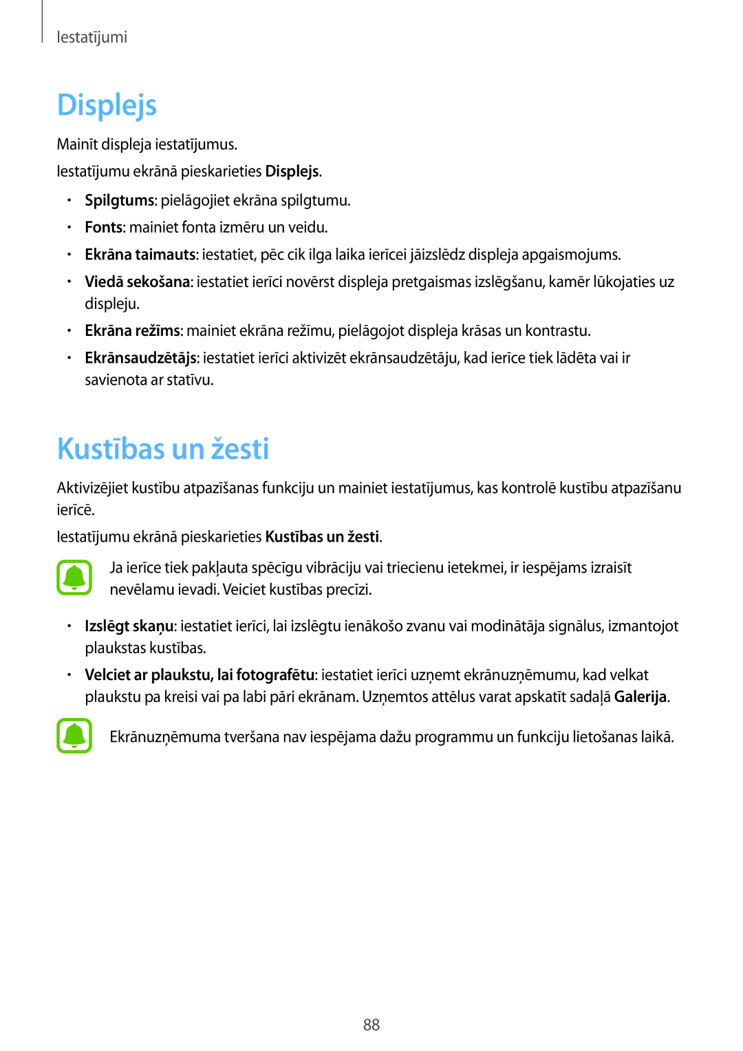 Samsung SM-T815NZKESEB, SM-T815NZDESEB, SM-T815NZWESEB manual Displejs, Kustības un žesti 