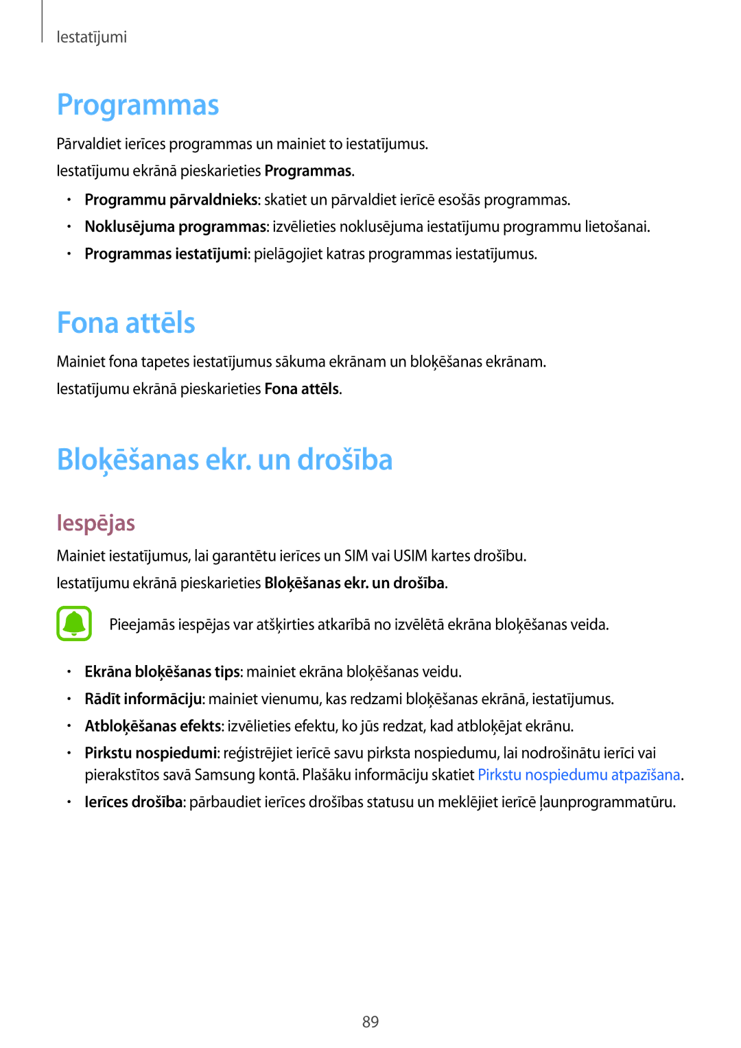 Samsung SM-T815NZWESEB, SM-T815NZDESEB, SM-T815NZKESEB manual Programmas, Fona attēls, Bloķēšanas ekr. un drošība 