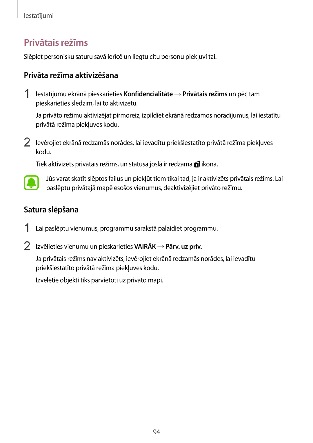 Samsung SM-T815NZKESEB, SM-T815NZDESEB, SM-T815NZWESEB manual Privātais režīms, Privāta režīma aktivizēšana, Satura slēpšana 