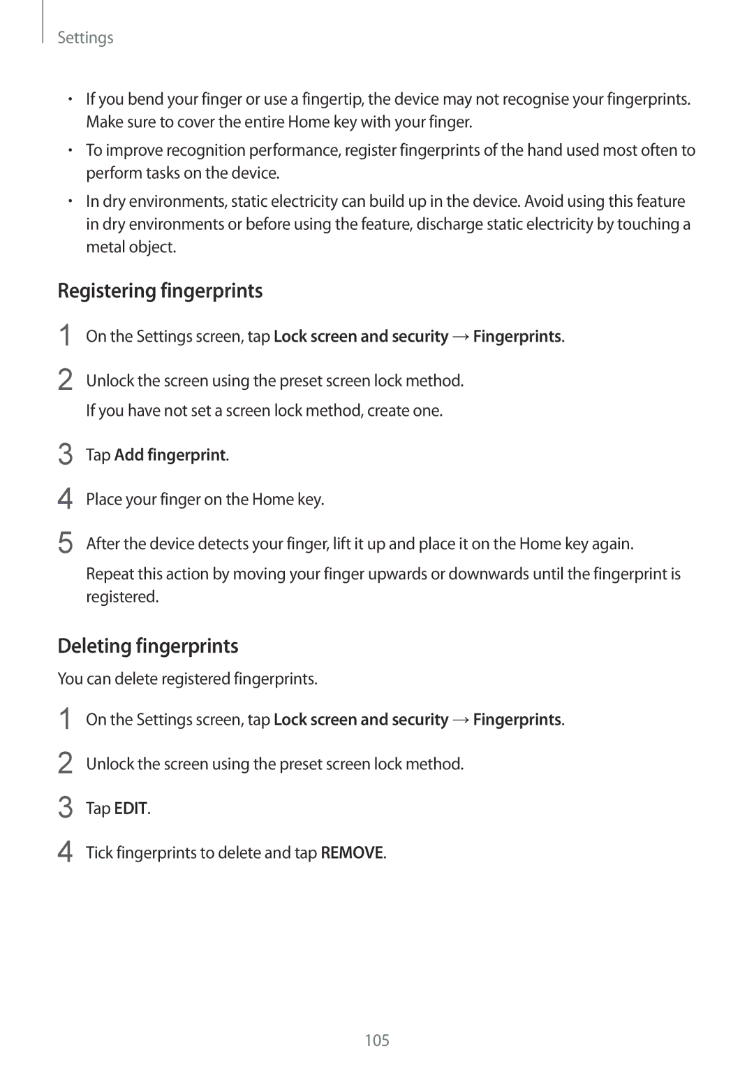 Samsung SM-T815YZKEXXV, SM-T815NZKEDBT, SM-T815NZWEDBT Registering fingerprints, Deleting fingerprints, Tap Add fingerprint 