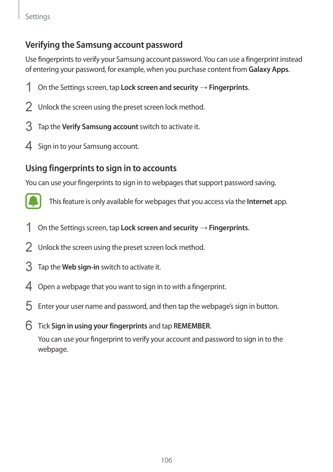 Samsung SM-T815NZDEBGL, SM-T815NZKEDBT Verifying the Samsung account password, Using fingerprints to sign in to accounts 