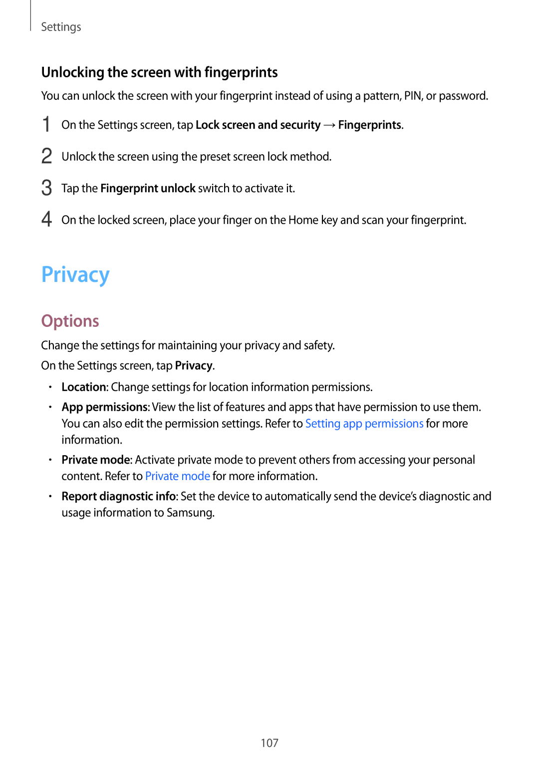 Samsung SM-T715NZKEBGL, SM-T815NZKEDBT, SM-T815NZWEDBT, SM-T715NZKEDBT manual Privacy, Unlocking the screen with fingerprints 