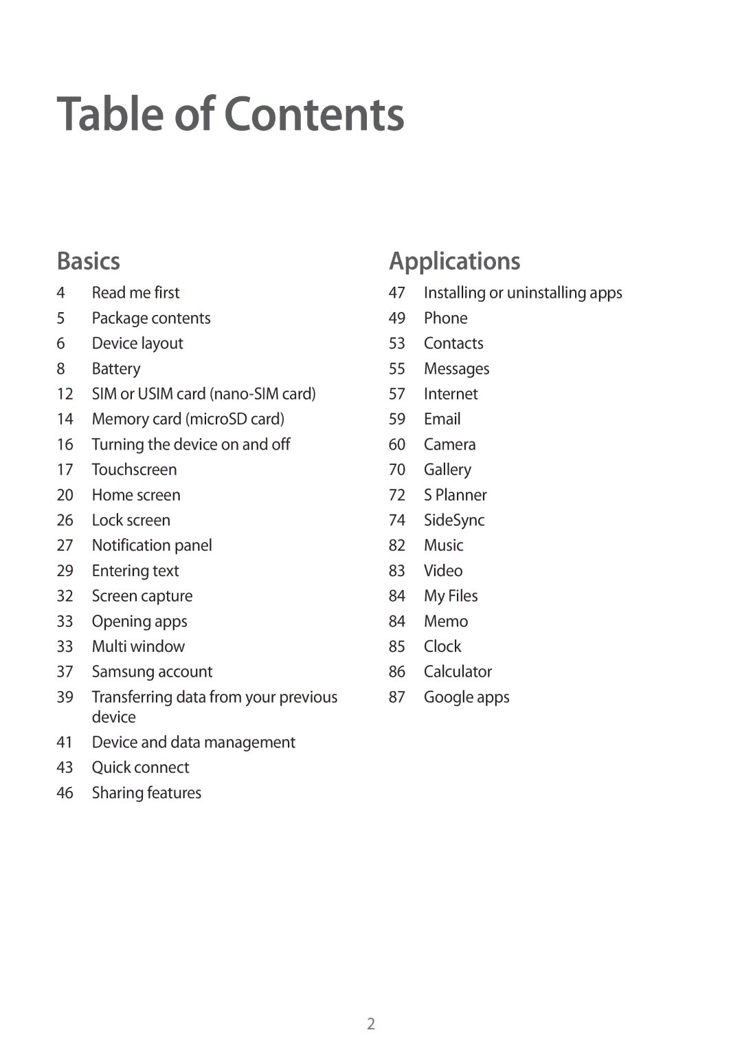 Samsung SM-T715NZKEDBT, SM-T815NZKEDBT, SM-T815NZWEDBT, SM-T715NZWEDBT, SM-T815NZWEXEF, SM-T715NZWEXEF manual Table of Contents 