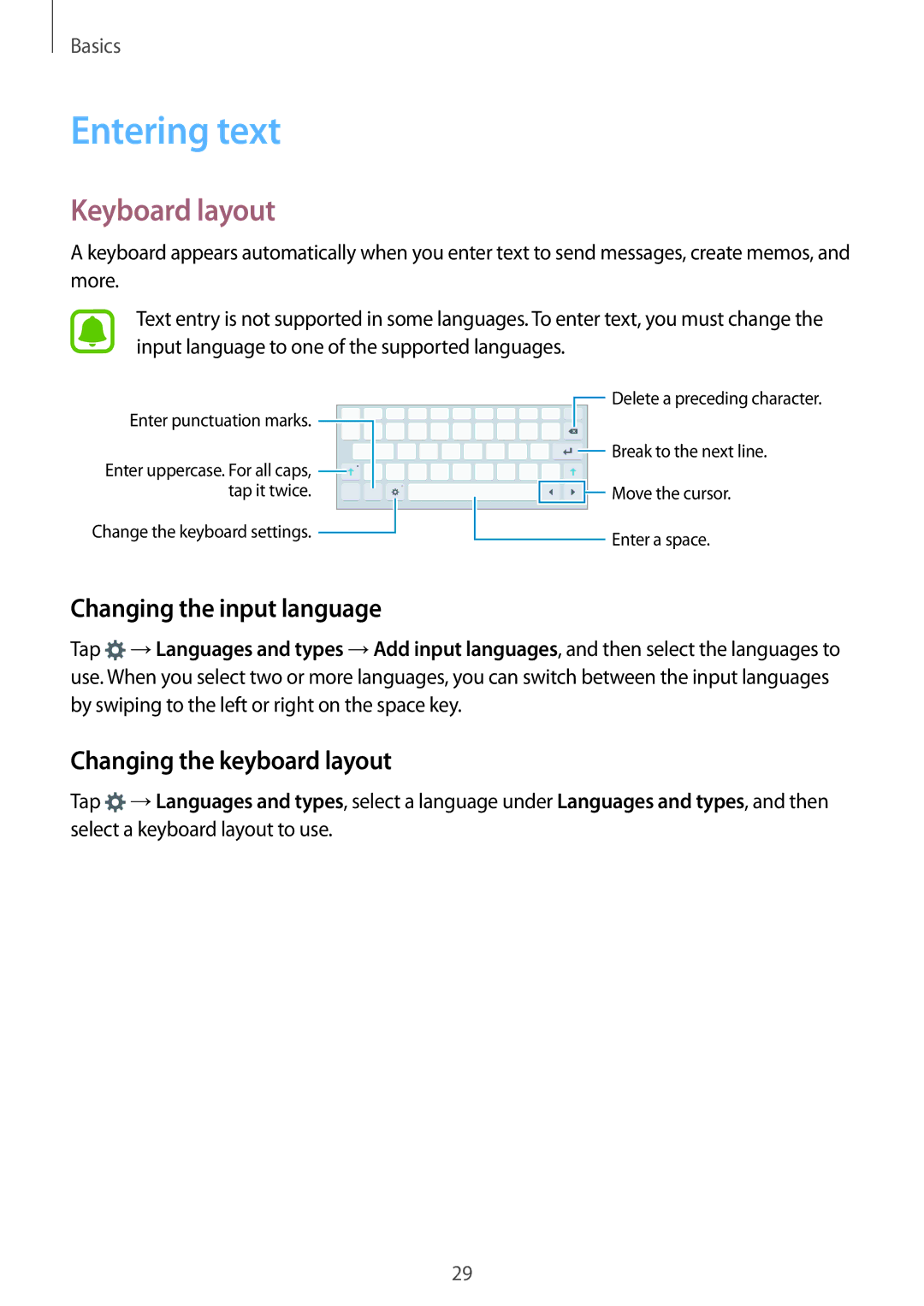 Samsung SM-T815YZDEXXV manual Entering text, Keyboard layout, Changing the input language, Changing the keyboard layout 