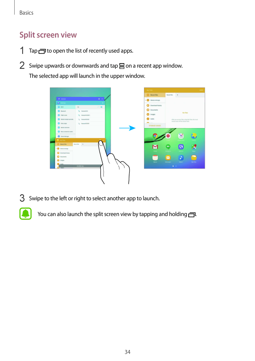 Samsung SM-T815NZKEBGL, SM-T815NZKEDBT, SM-T815NZWEDBT manual Split screen view, Tap to open the list of recently used apps 