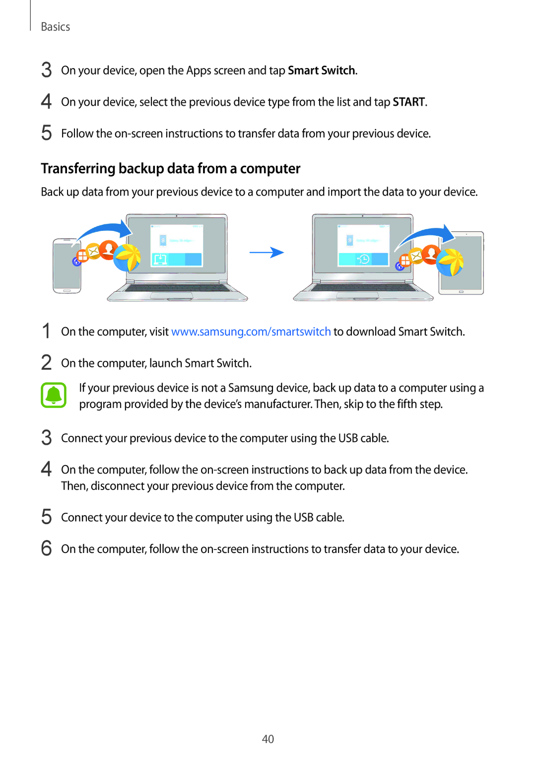 Samsung SM-T815NZDEXEO, SM-T815NZKEDBT manual Transferring backup data from a computer, On the computer, launch Smart Switch 