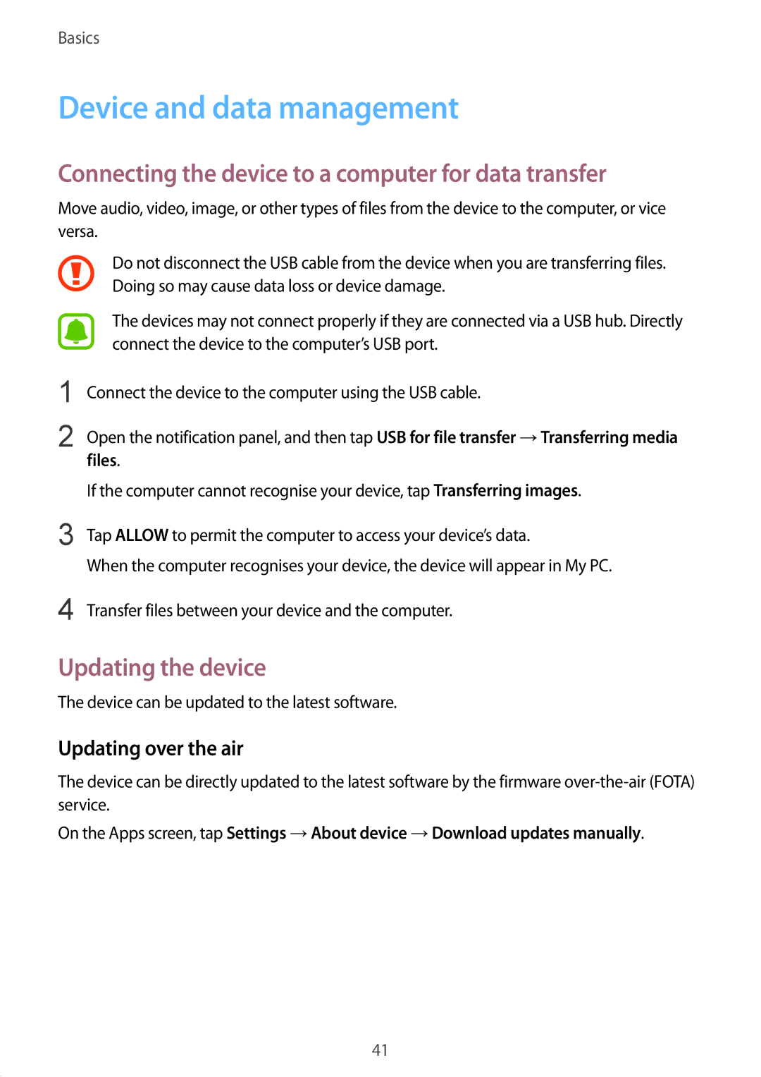 Samsung SM-T815NZWEXEZ manual Device and data management, Connecting the device to a computer for data transfer, Files 