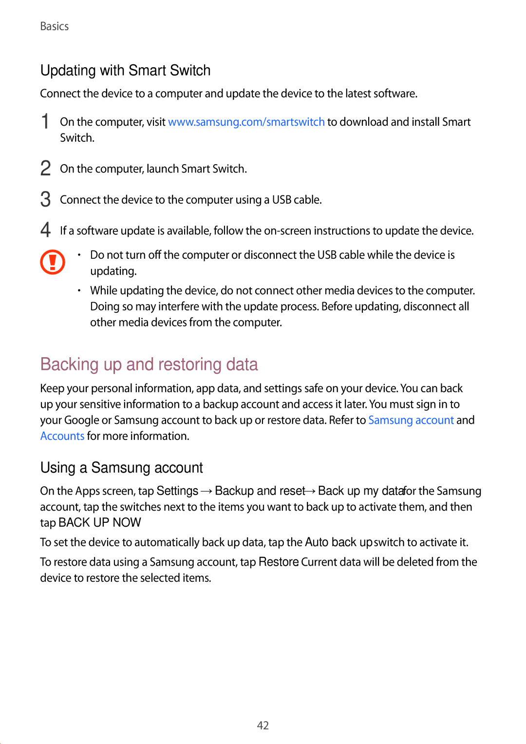 Samsung SM-T815NZKETMZ, SM-T815NZKEDBT Backing up and restoring data, Updating with Smart Switch, Using a Samsung account 