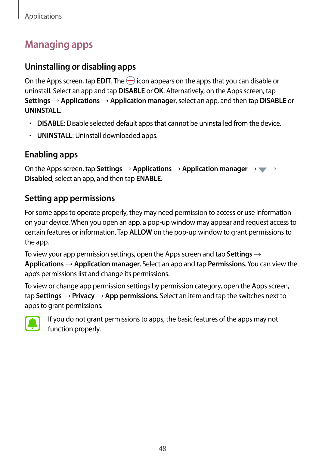 Samsung SM-T715NZKEPAN manual Managing apps, Uninstalling or disabling apps, Enabling apps, Setting app permissions 