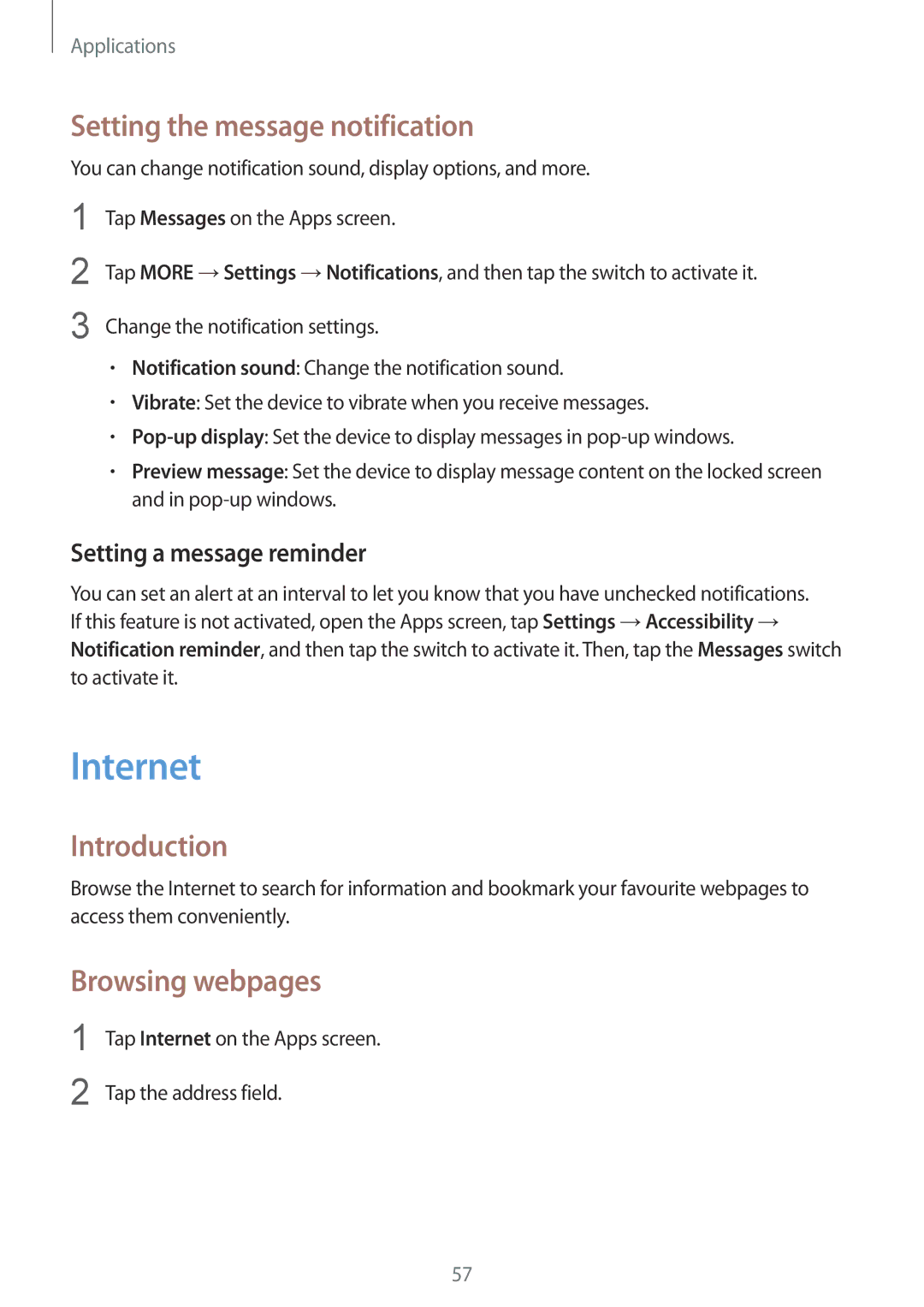 Samsung SM-T715NZDEXEO manual Internet, Setting the message notification, Browsing webpages, Setting a message reminder 