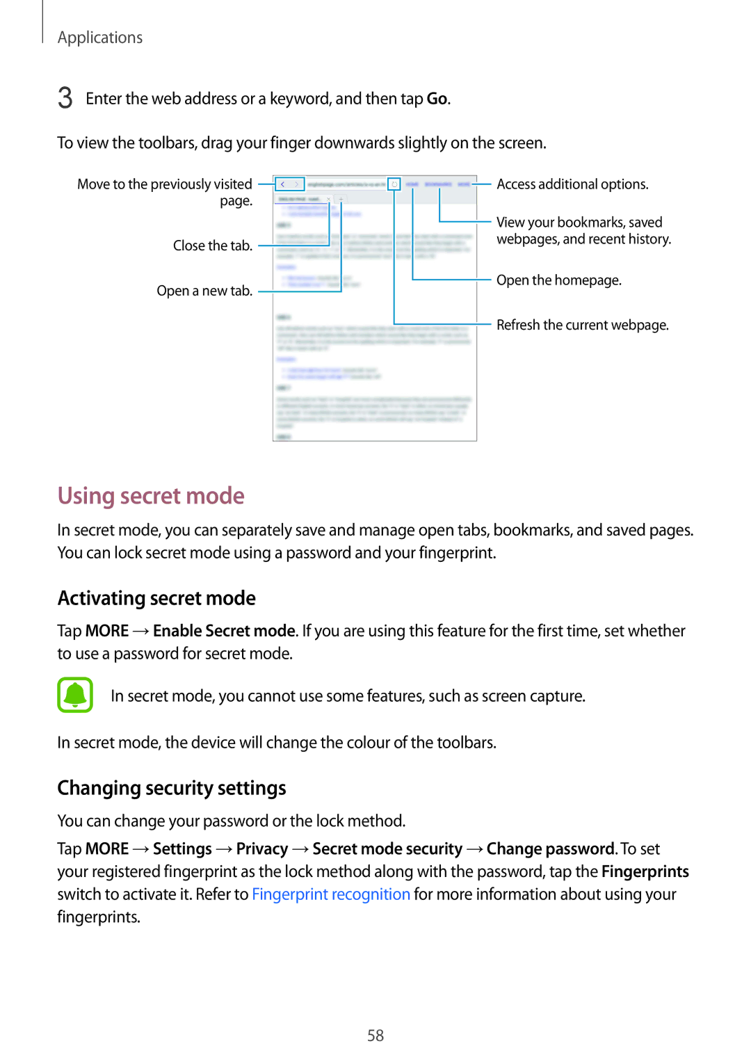 Samsung SM-T815NZKFAUT, SM-T815NZKEDBT manual Using secret mode, Activating secret mode, Changing security settings 