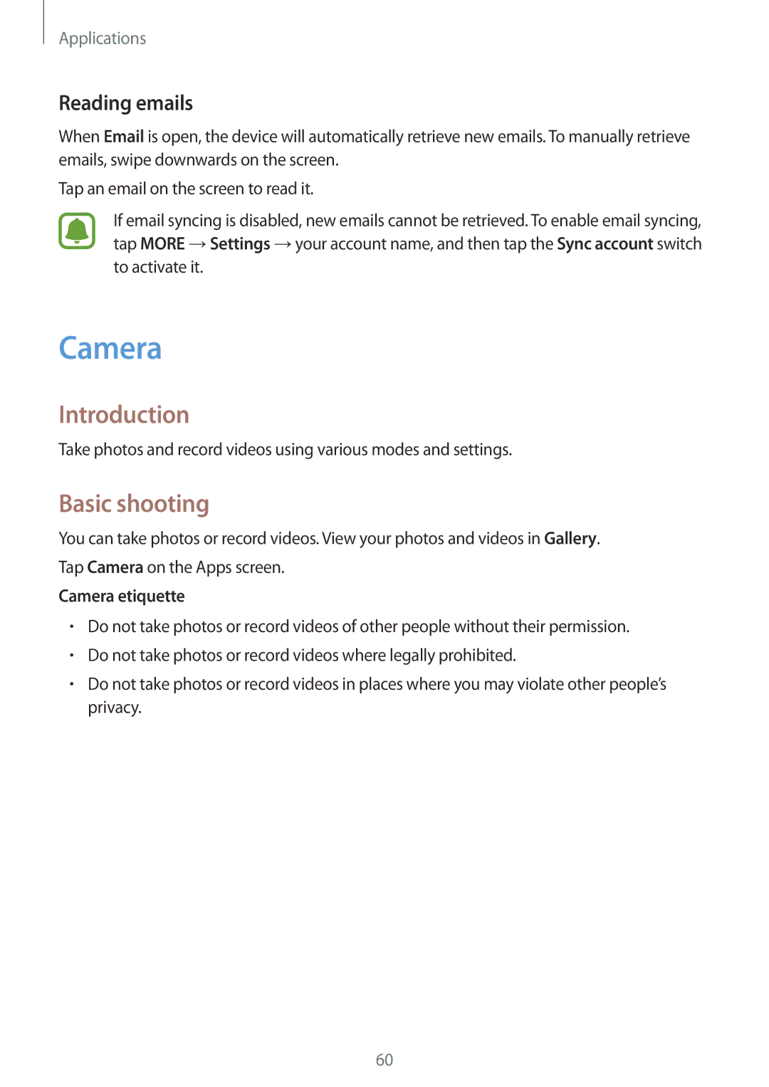 Samsung SM-T715NZKEXSK, SM-T815NZKEDBT, SM-T815NZWEDBT, SM-T715NZKEDBT Basic shooting, Reading emails, Camera etiquette 