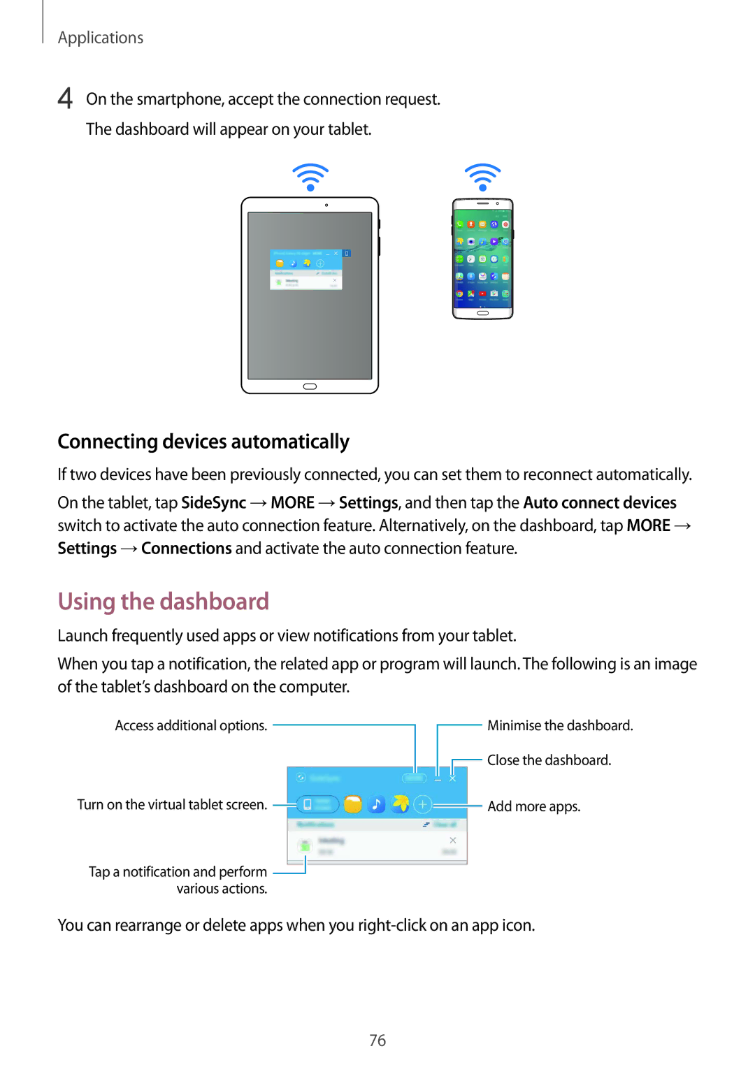 Samsung SM-T715NZKEDBT, SM-T815NZKEDBT, SM-T815NZWEDBT, SM-T715NZWEDBT Using the dashboard, Connecting devices automatically 