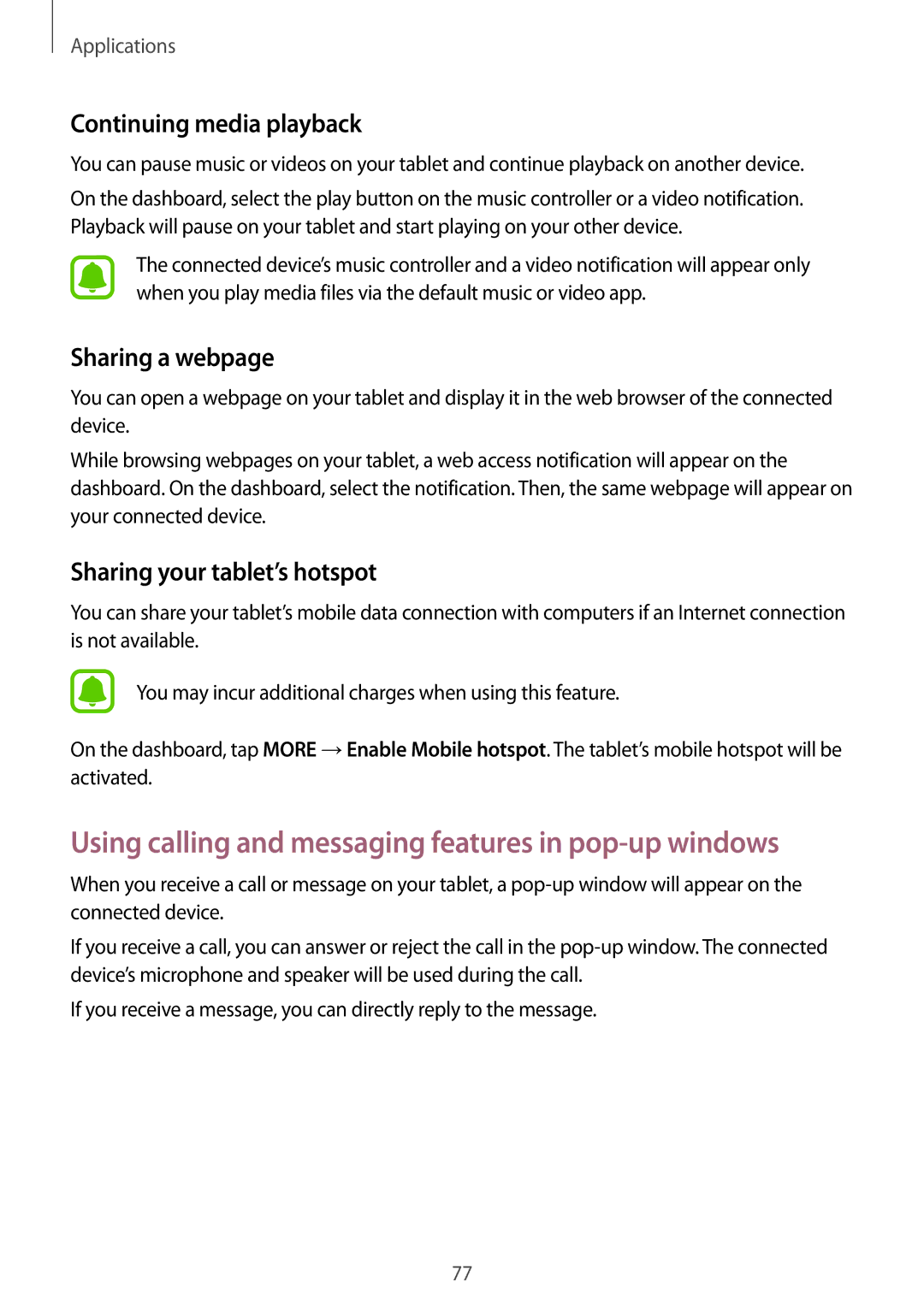 Samsung SM-T715NZWEDBT, SM-T815NZKEDBT manual Continuing media playback, Sharing a webpage, Sharing your tablet’s hotspot 