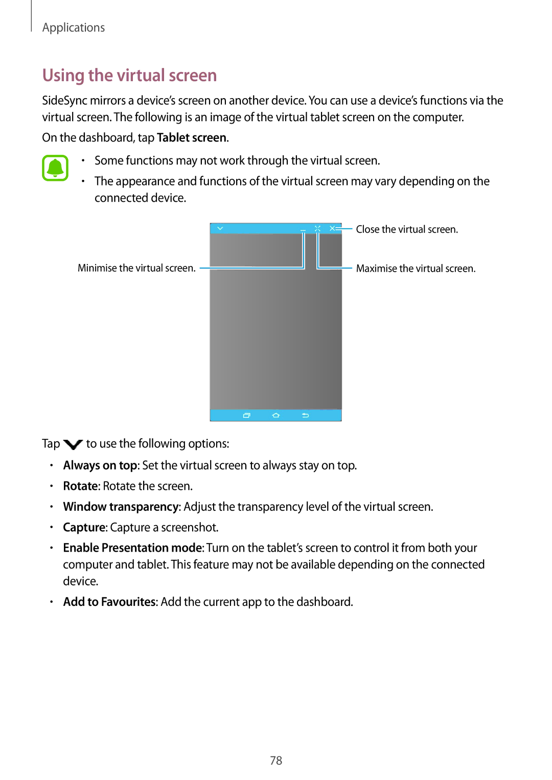 Samsung SM-T815NZWEXEF, SM-T815NZKEDBT, SM-T815NZWEDBT, SM-T715NZKEDBT, SM-T715NZWEDBT manual Using the virtual screen 