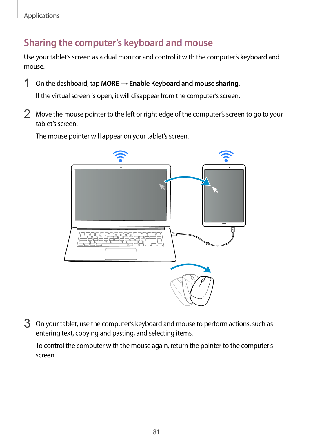 Samsung SM-T715NZKEXEO, SM-T815NZKEDBT, SM-T815NZWEDBT, SM-T715NZKEDBT manual Sharing the computer’s keyboard and mouse 