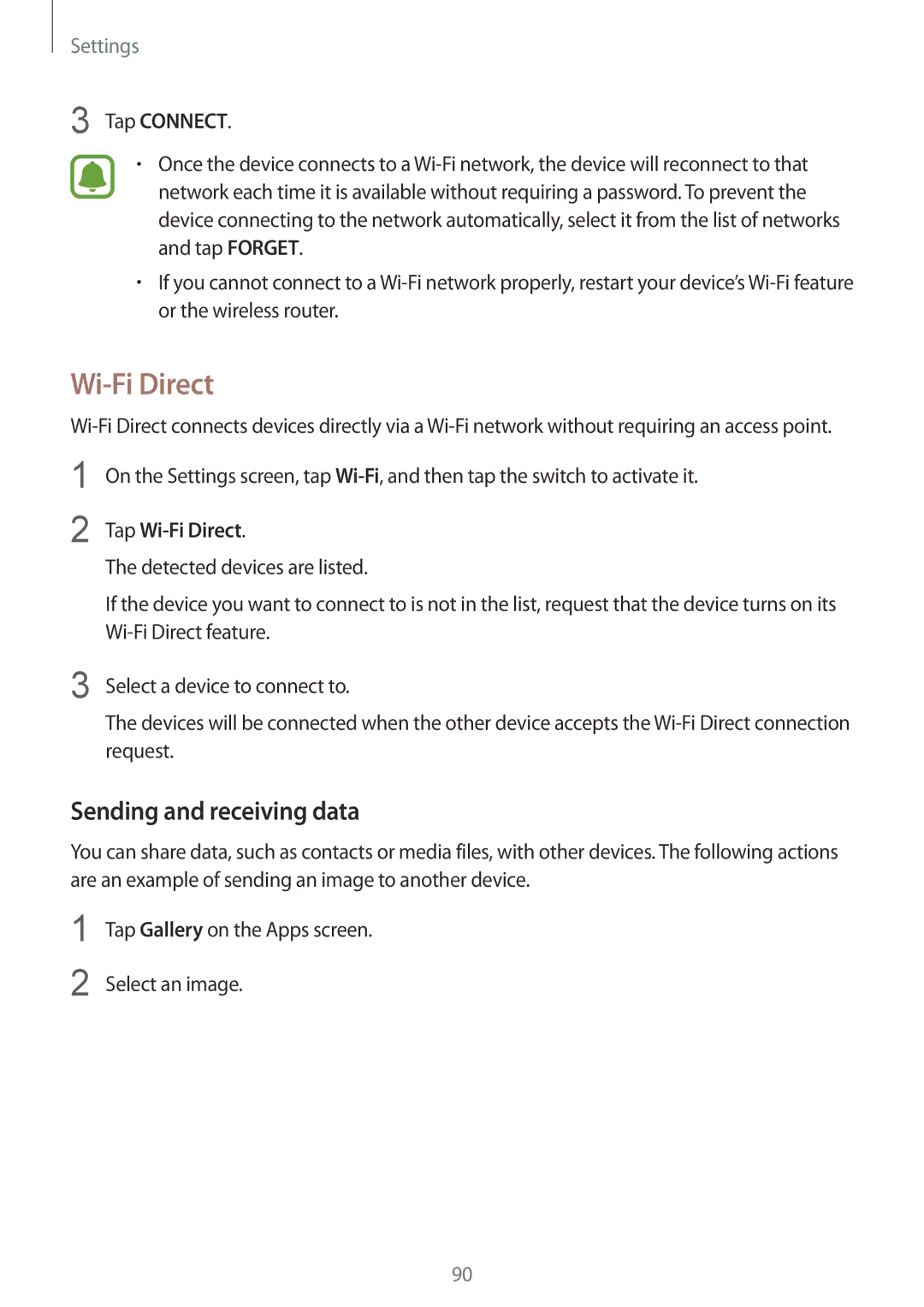 Samsung SM-T715NZKEITV, SM-T815NZKEDBT, SM-T815NZWEDBT manual Sending and receiving data, Tap Connect, Tap Wi-Fi Direct 