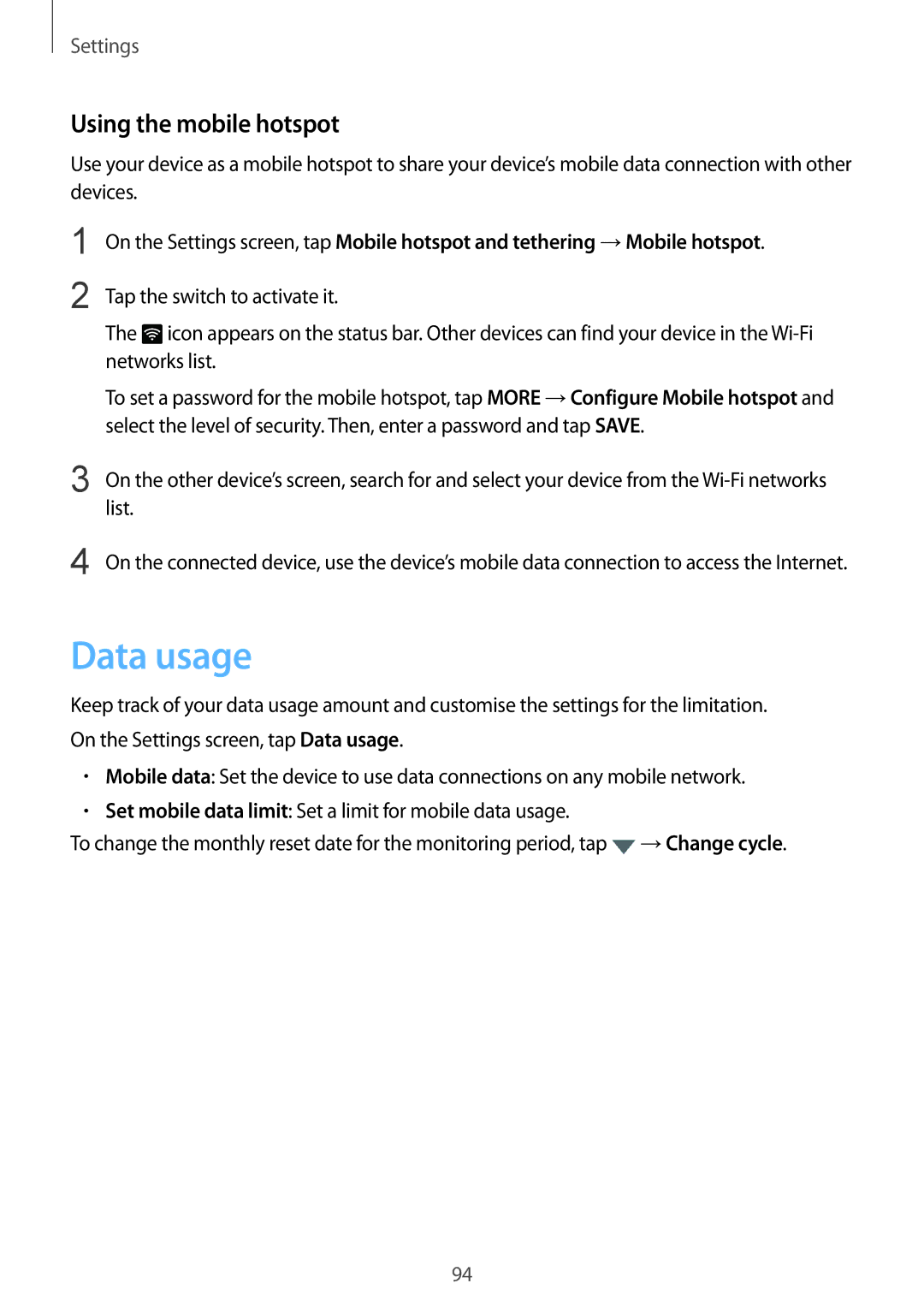 Samsung SM-T815NZDEKSA, SM-T815NZKEDBT, SM-T815NZWEDBT, SM-T715NZKEDBT, SM-T715NZWEDBT Data usage, Using the mobile hotspot 