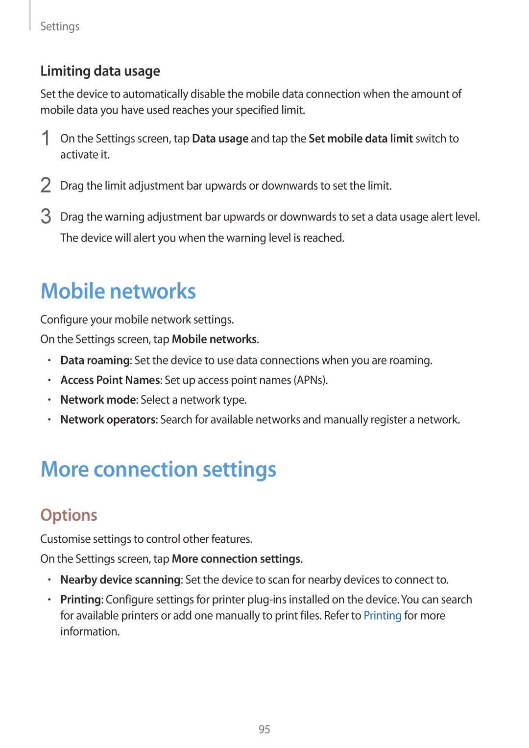 Samsung SM-T715NZKEKSA, SM-T815NZKEDBT manual Mobile networks, More connection settings, Options, Limiting data usage 