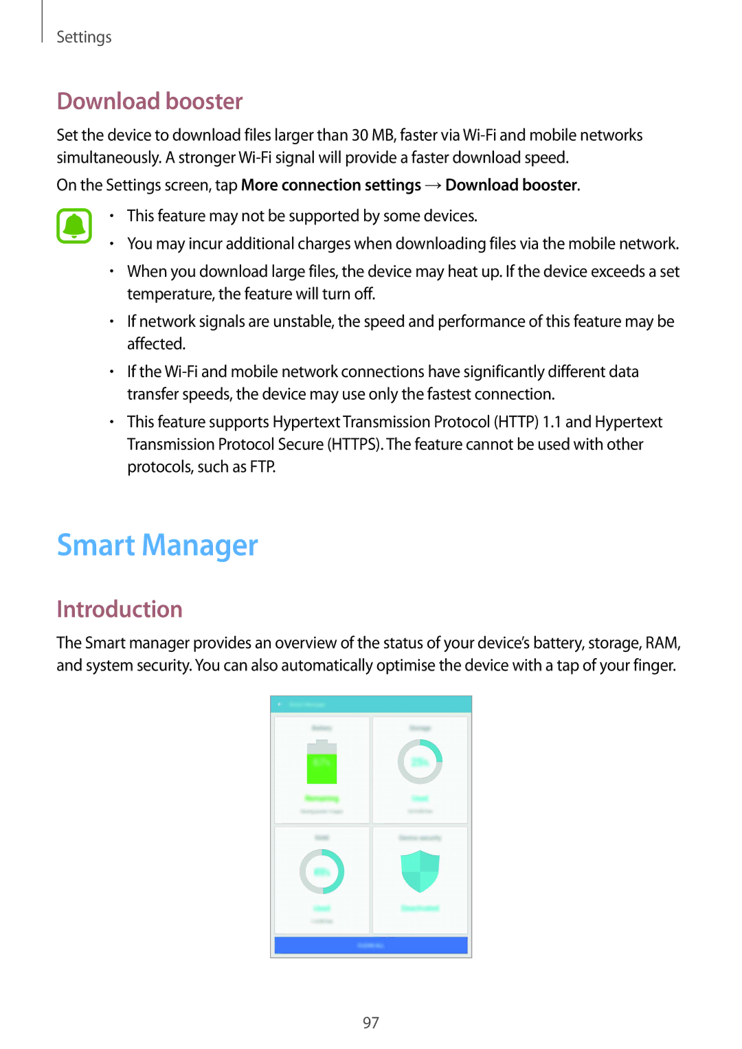 Samsung SM-T815NZKEKSA, SM-T815NZKEDBT, SM-T815NZWEDBT, SM-T715NZKEDBT, SM-T715NZWEDBT manual Smart Manager, Download booster 