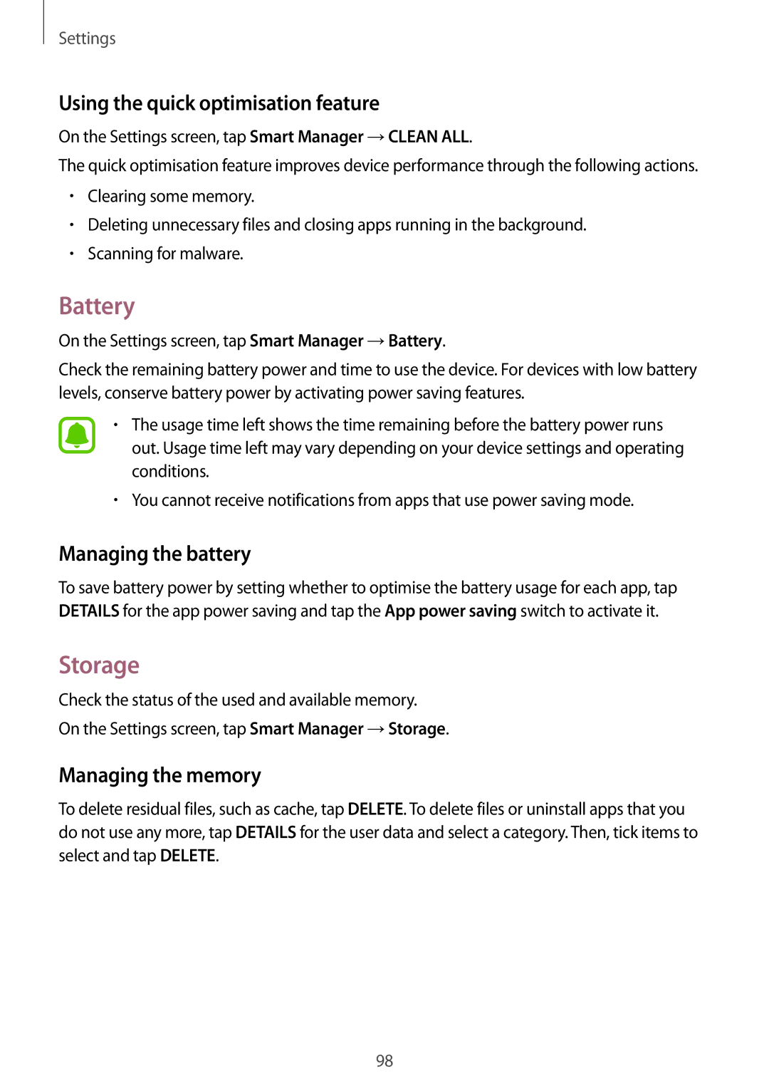 Samsung SM-T715NZWEKSA Battery, Storage, Using the quick optimisation feature, Managing the battery, Managing the memory 