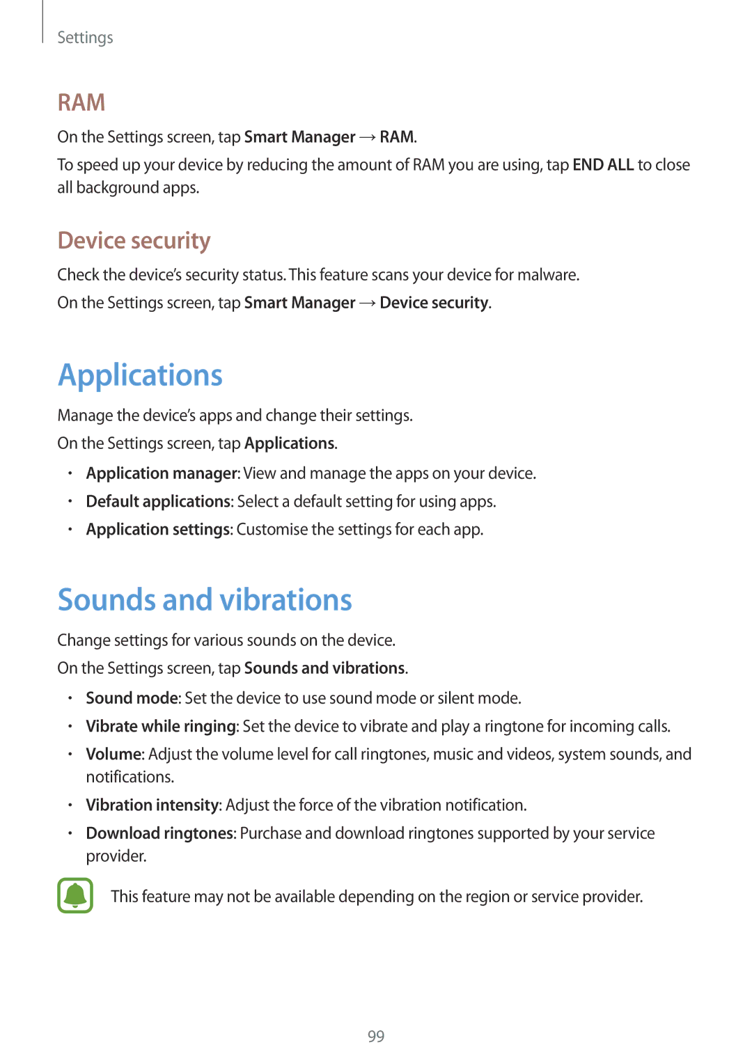 Samsung SM-T815NZWEKSA, SM-T815NZKEDBT, SM-T815NZWEDBT, SM-T715NZKEDBT Applications, Sounds and vibrations, Device security 