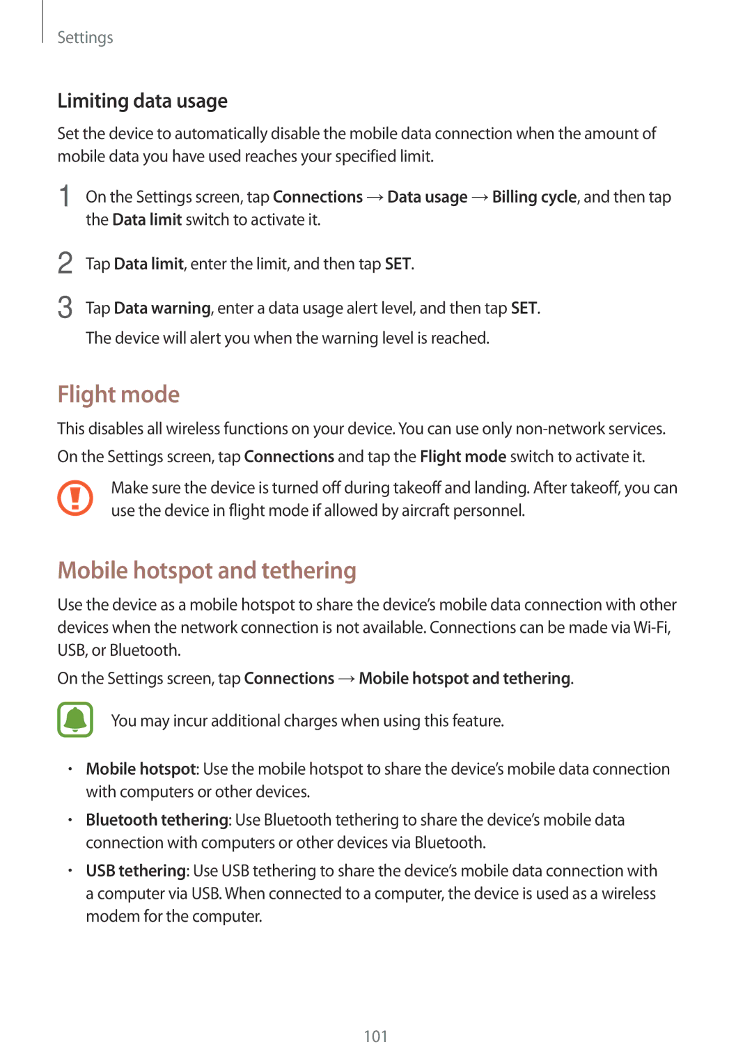 Samsung SM-T815NZKEO2C, SM-T815NZKEDBT, SM-T815NZWEDBT manual Flight mode, Mobile hotspot and tethering, Limiting data usage 