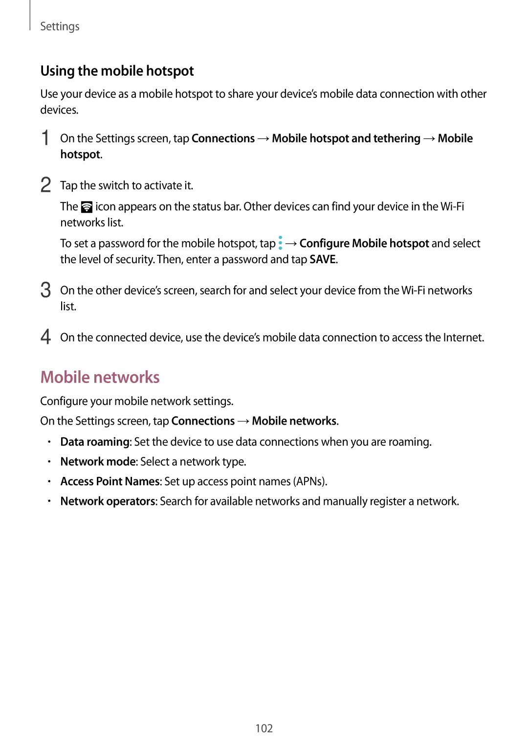 Samsung SM-T815NZDEXEO, SM-T815NZKEDBT, SM-T815NZWEDBT, SM-T715NZKEDBT manual Mobile networks, Using the mobile hotspot 