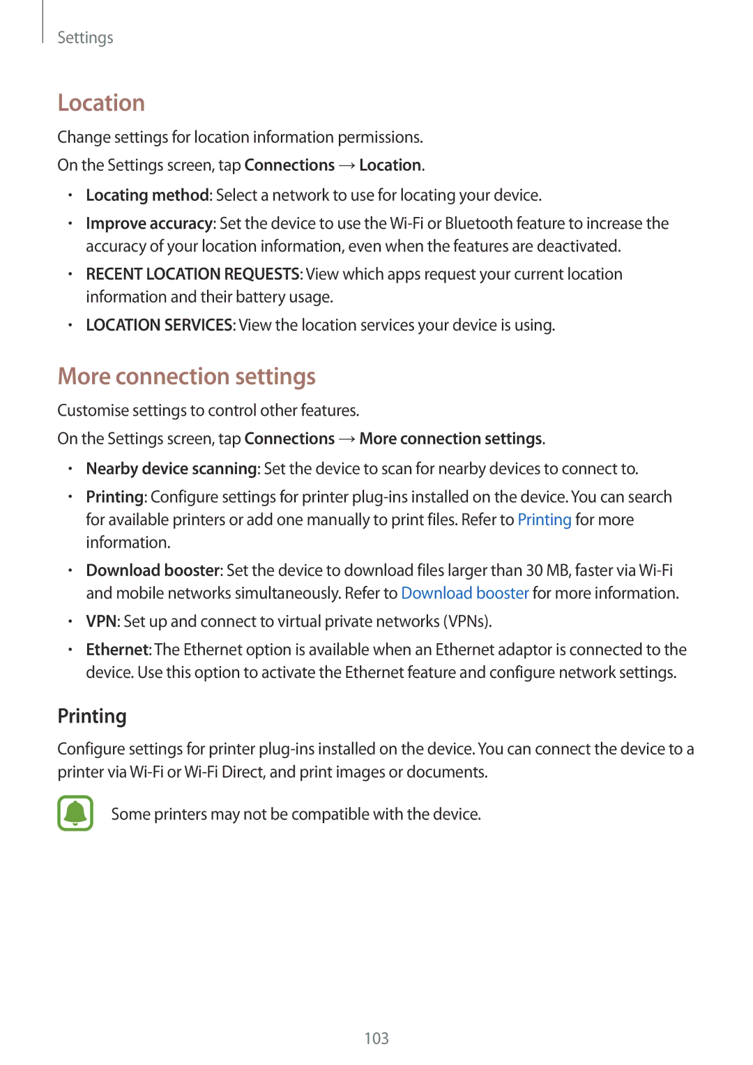 Samsung SM-T815NZWEXEZ manual Location, More connection settings, Printing, Customise settings to control other features 