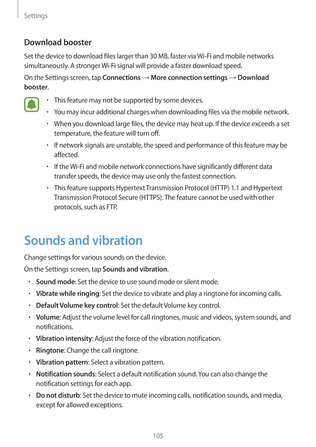 Samsung SM-T715NZKEXEZ manual Sounds and vibration, Download booster, This feature may not be supported by some devices 